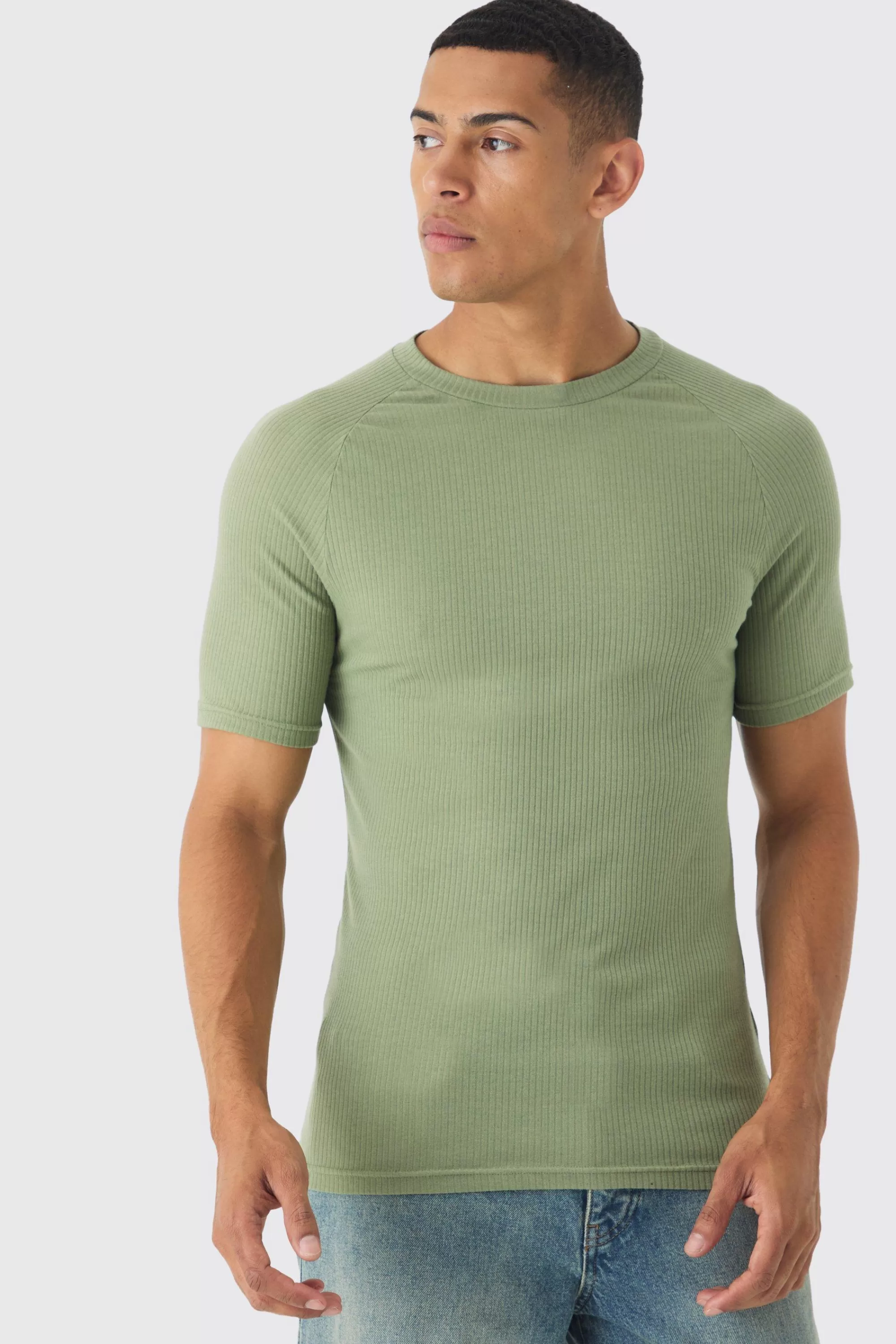 boohooMAN Rib Athlete Raglan T-shirt | UK sage Flash Sale