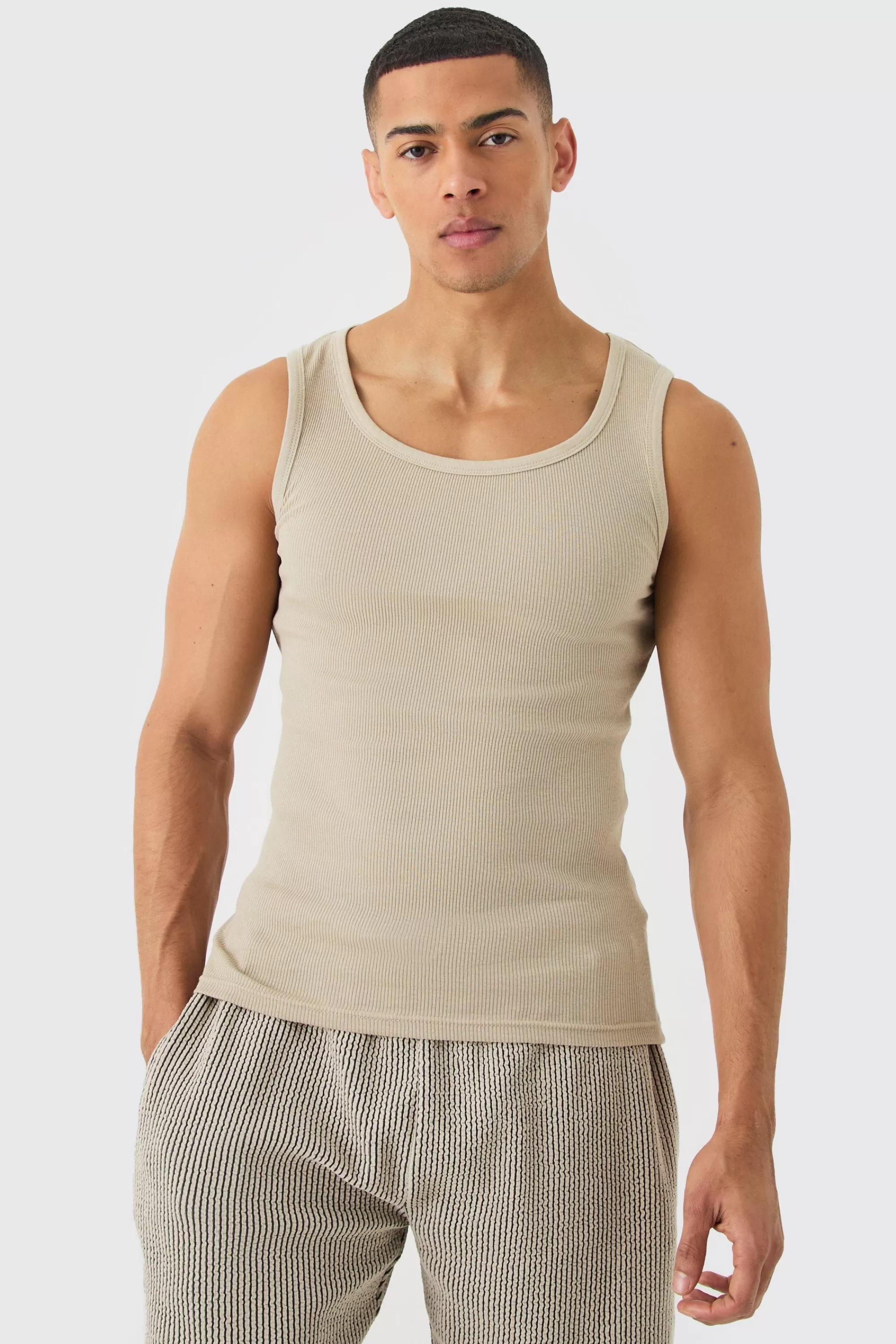boohooMAN Ribbed Muscle Fit Vest | UK stone Cheap