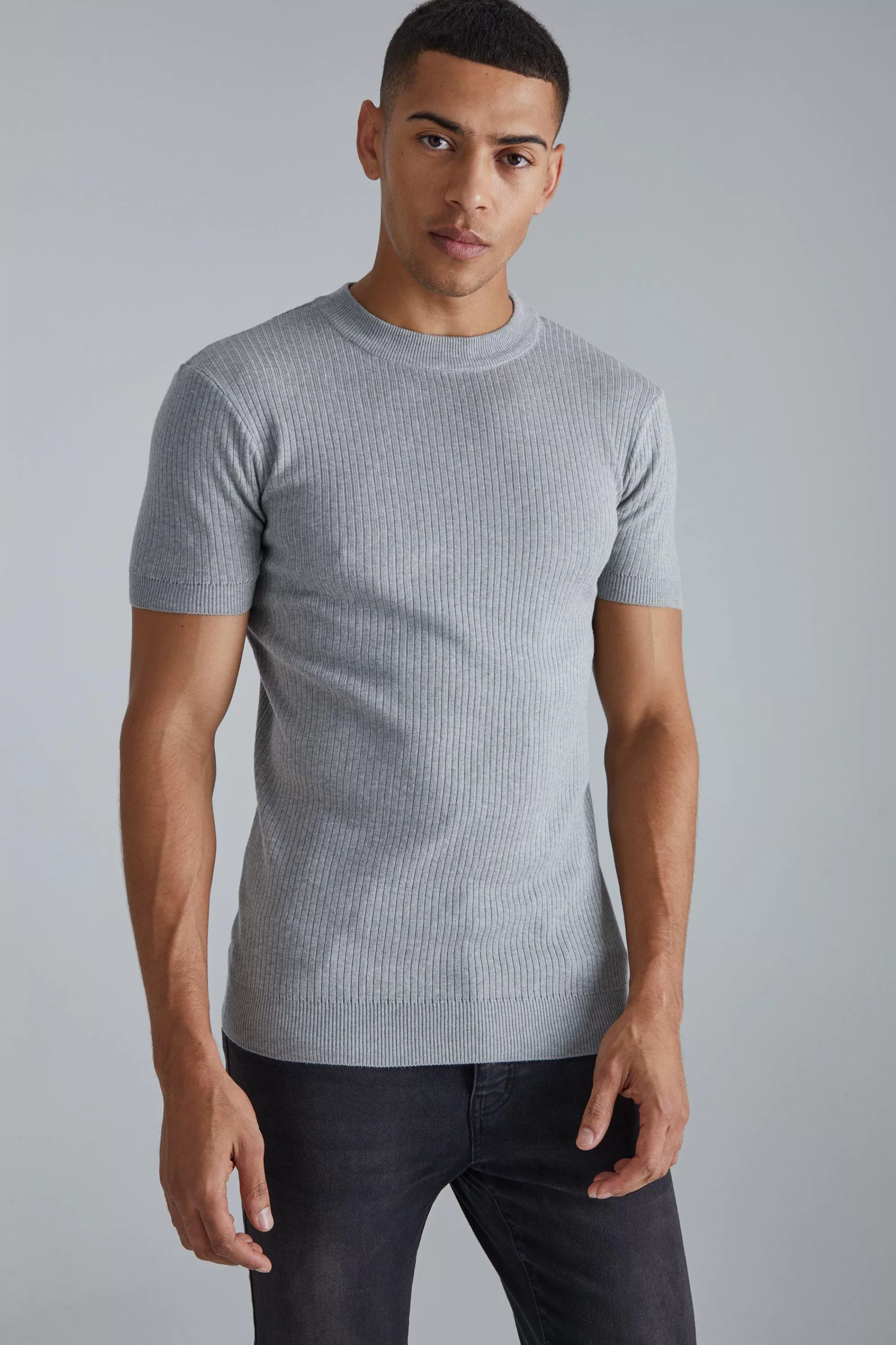 boohooMAN Ribbed Muscle Short Sleeve Extended Neck Knitted T-shirt | UK grey marl Best