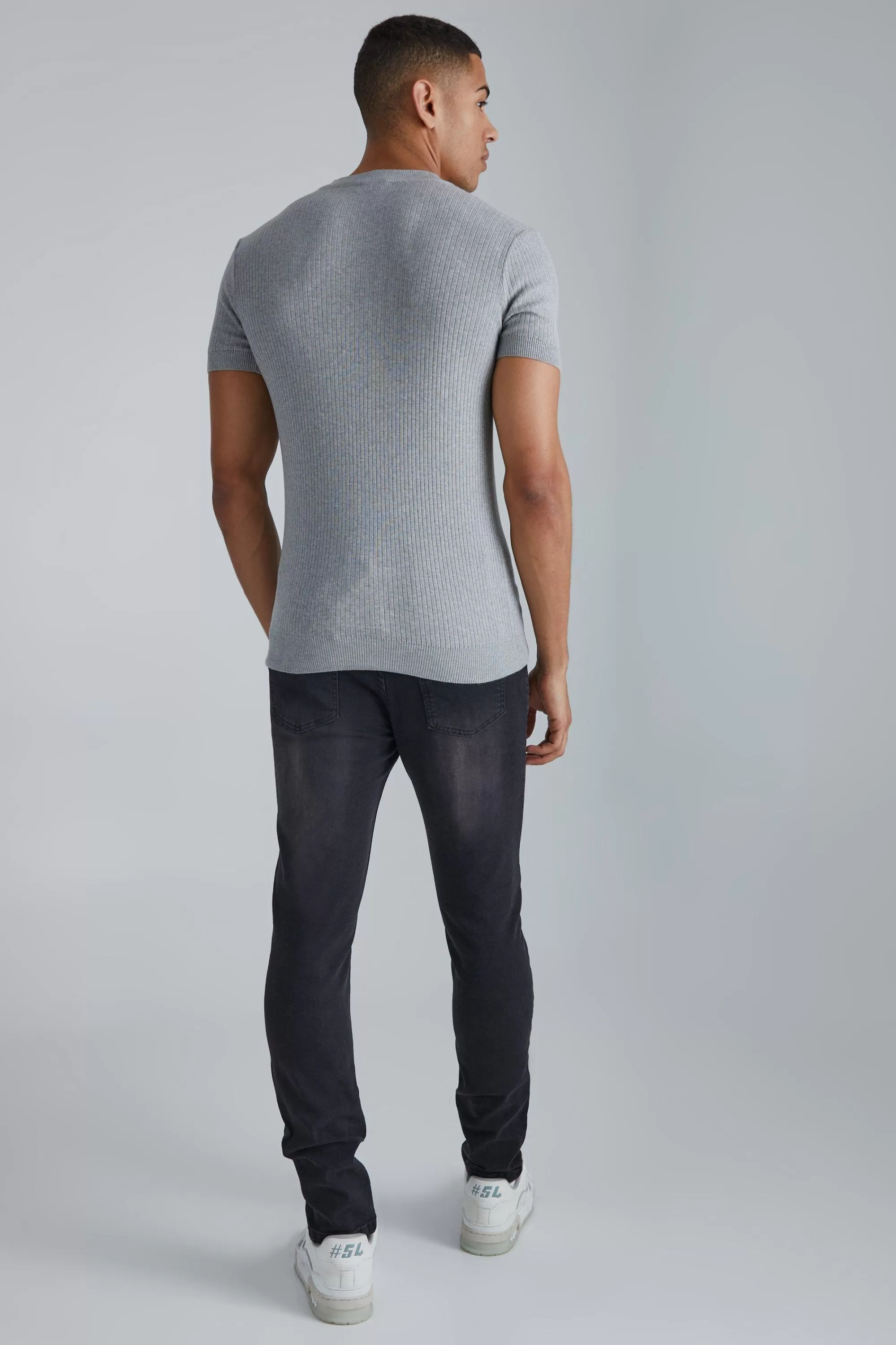 boohooMAN Ribbed Muscle Short Sleeve Extended Neck Knitted T-shirt | UK grey marl Best