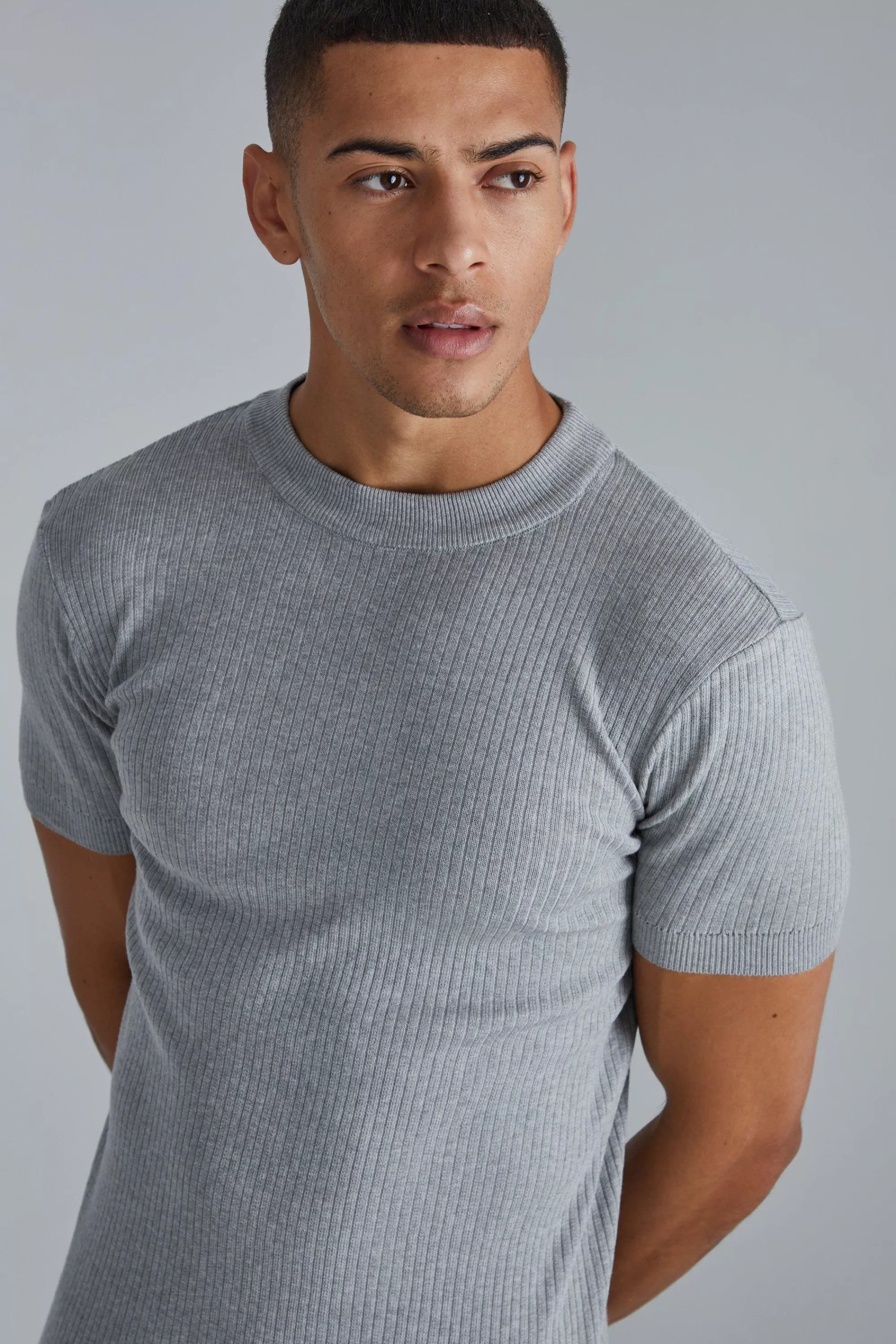 boohooMAN Ribbed Muscle Short Sleeve Extended Neck Knitted T-shirt | UK grey marl Best