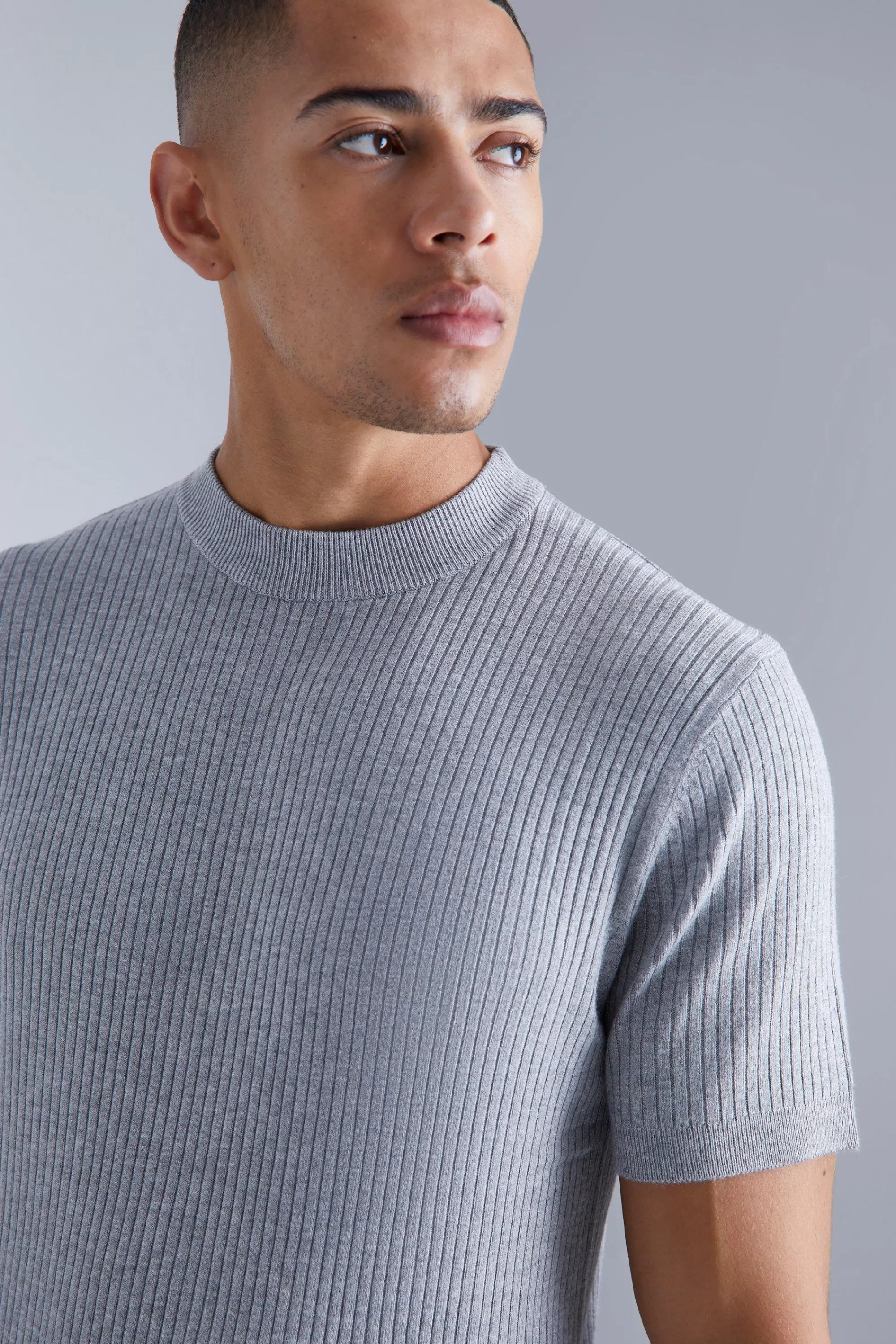 boohooMAN Ribbed Short Sleeve Extended Neck Knitted T-shirt | UK grey marl Outlet