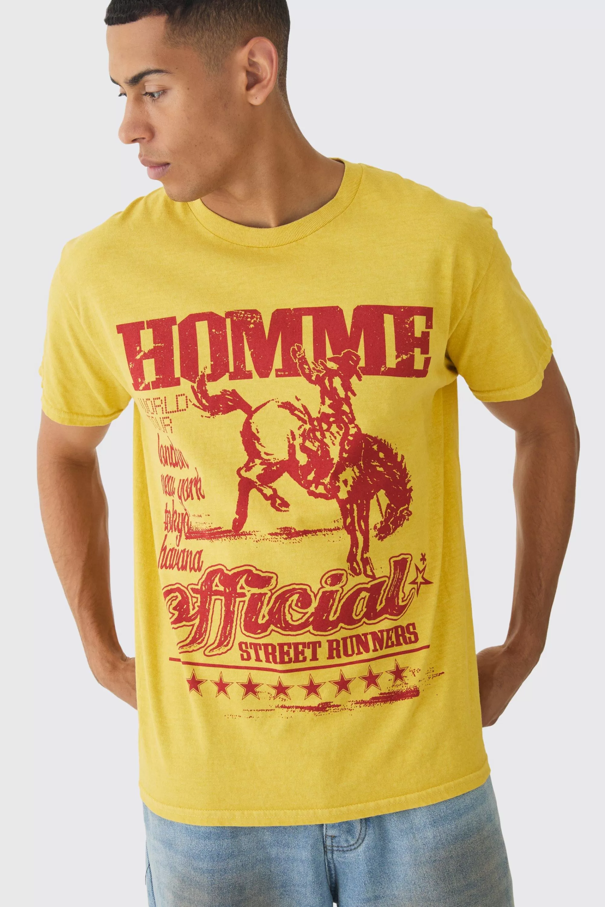 boohooMAN Rodeo Print Washed T-Shirt | UK yellow Clearance