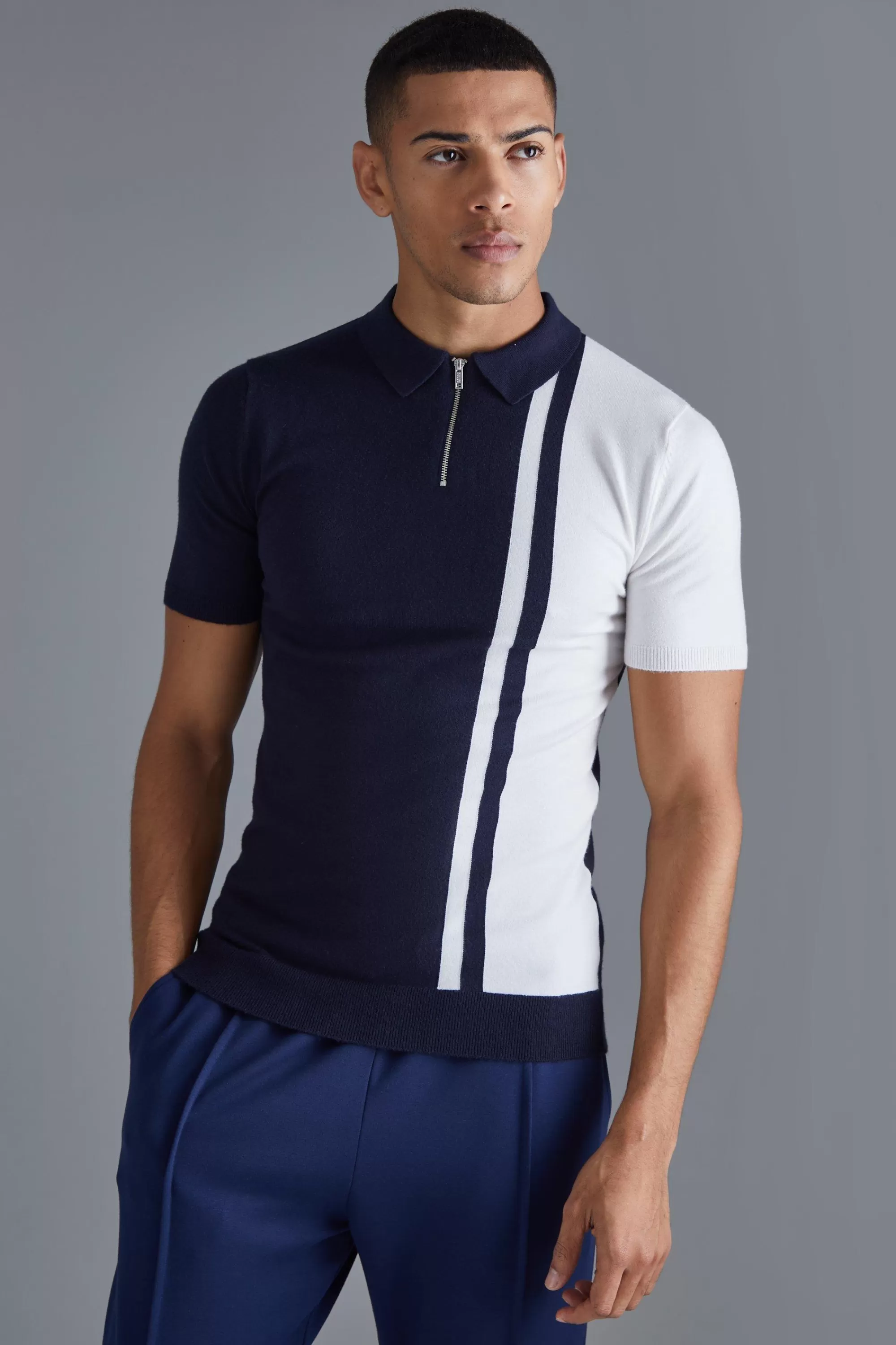 boohooMAN Short Sleeve Muscle Fit Colour Block Polo | UK navy Cheap