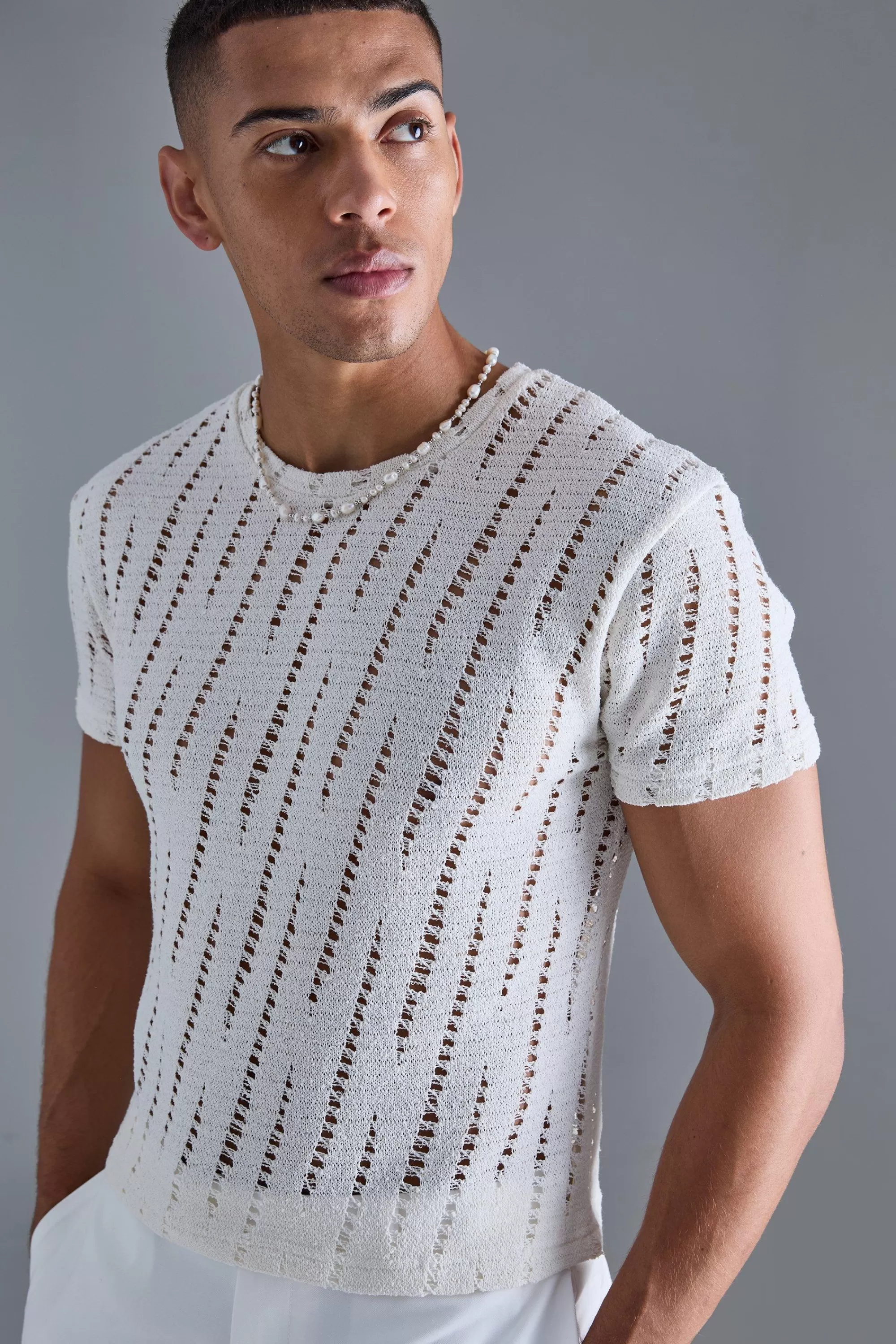 boohooMAN Shrunken Boxy Extreme Distressed T-shirt | UK ecru Cheap