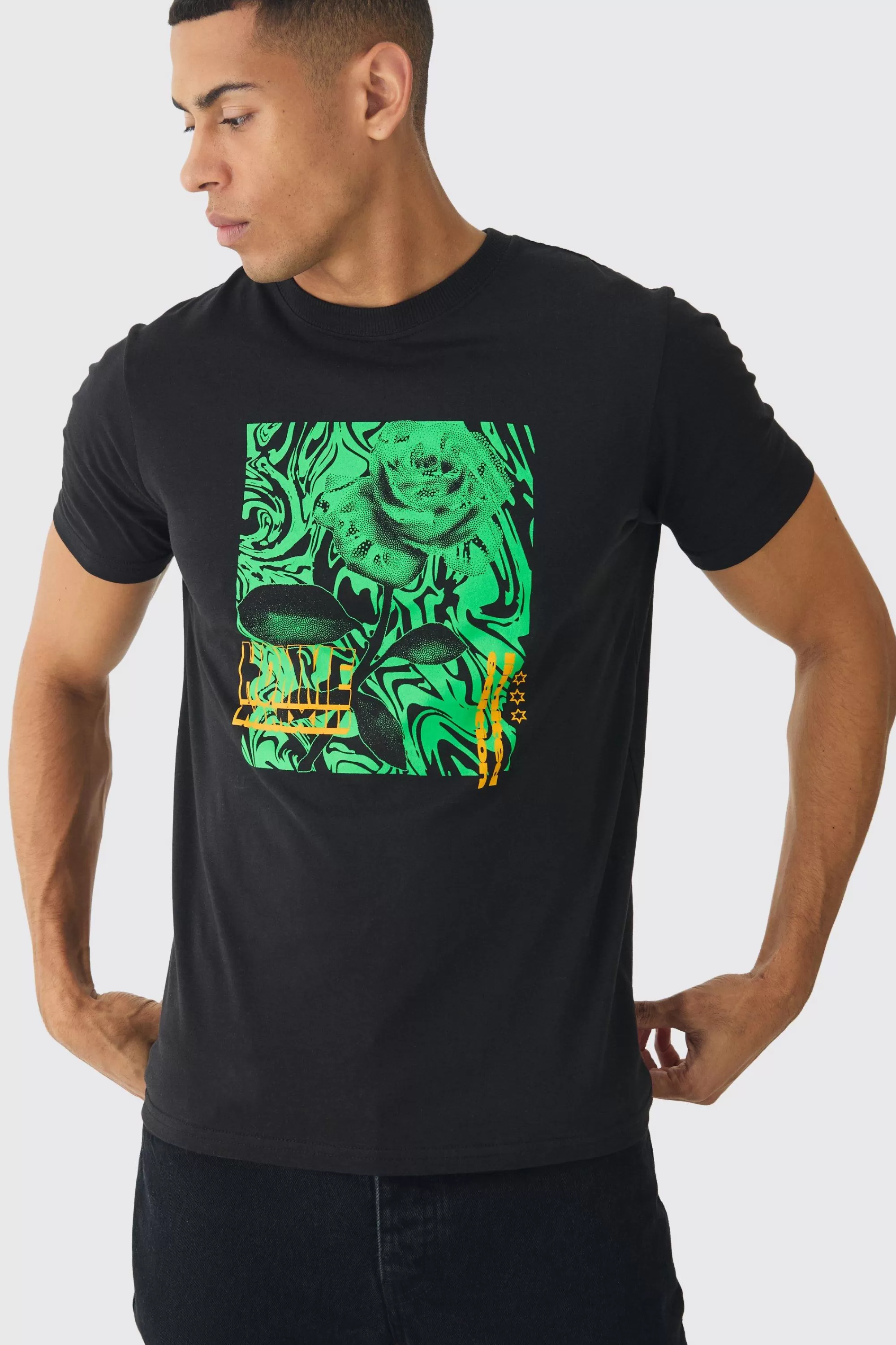 boohooMAN Slim Abstact Rose Print T-Shirt | UK black Online