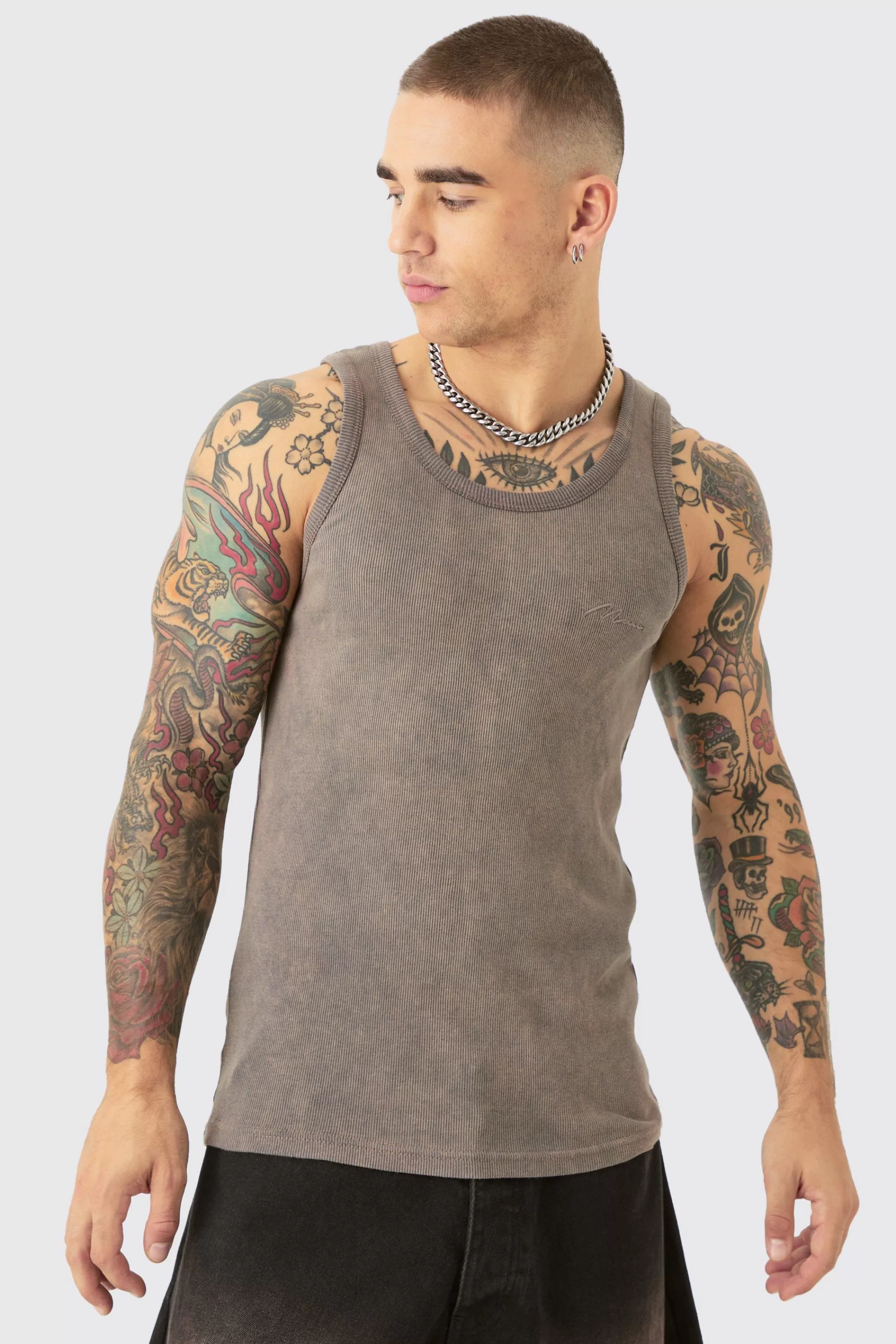 boohooMAN Slim Acid Washed Man Signature Ribbed Vest | UK chocolate Sale