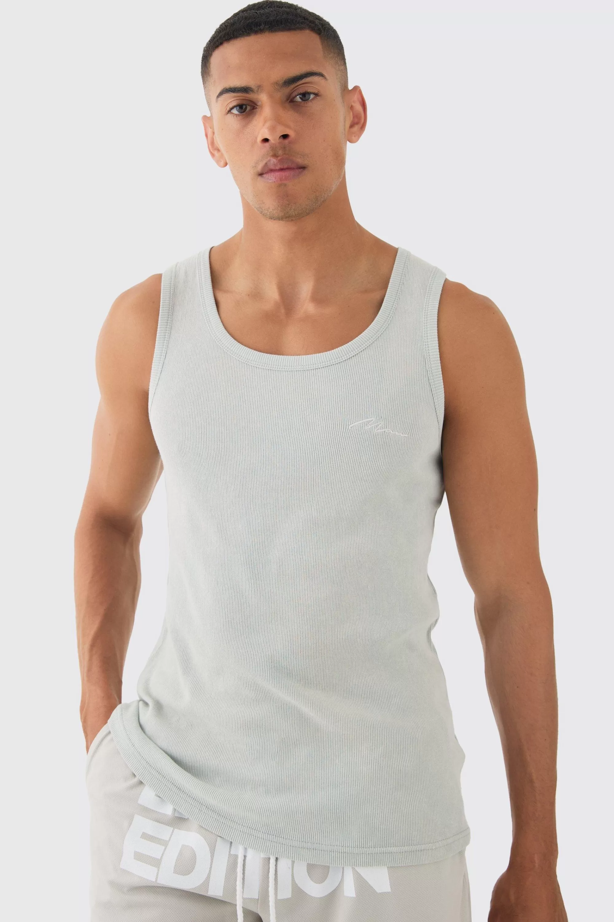 boohooMAN Slim Acid Washed Man Signature Ribbed Vest | UK light grey Shop