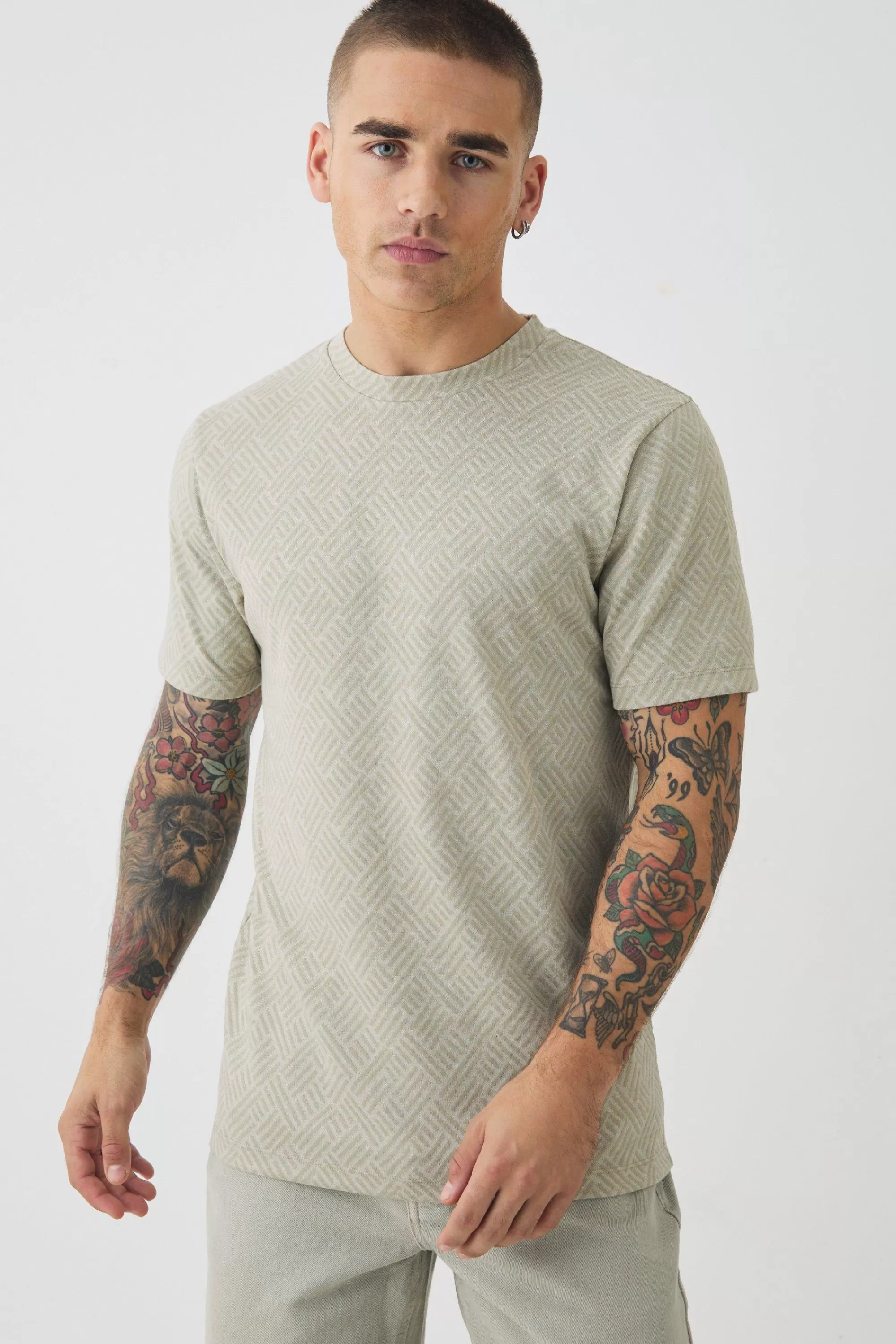 boohooMAN Slim Fit Geo Jacquard T-shirt | UK stone Shop