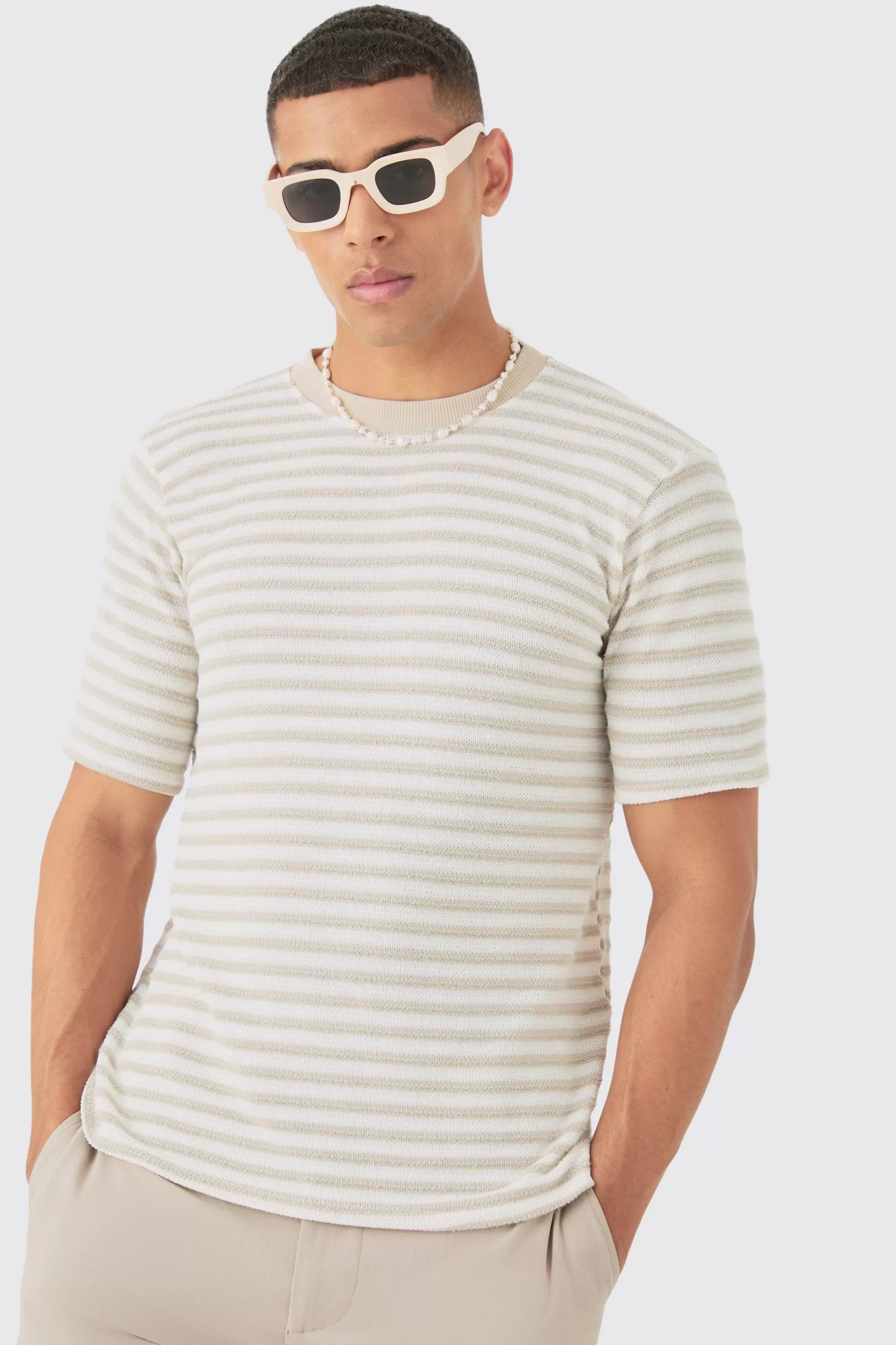 boohooMAN Slim Fit Textured Stripe T-shirt | UK stone Sale