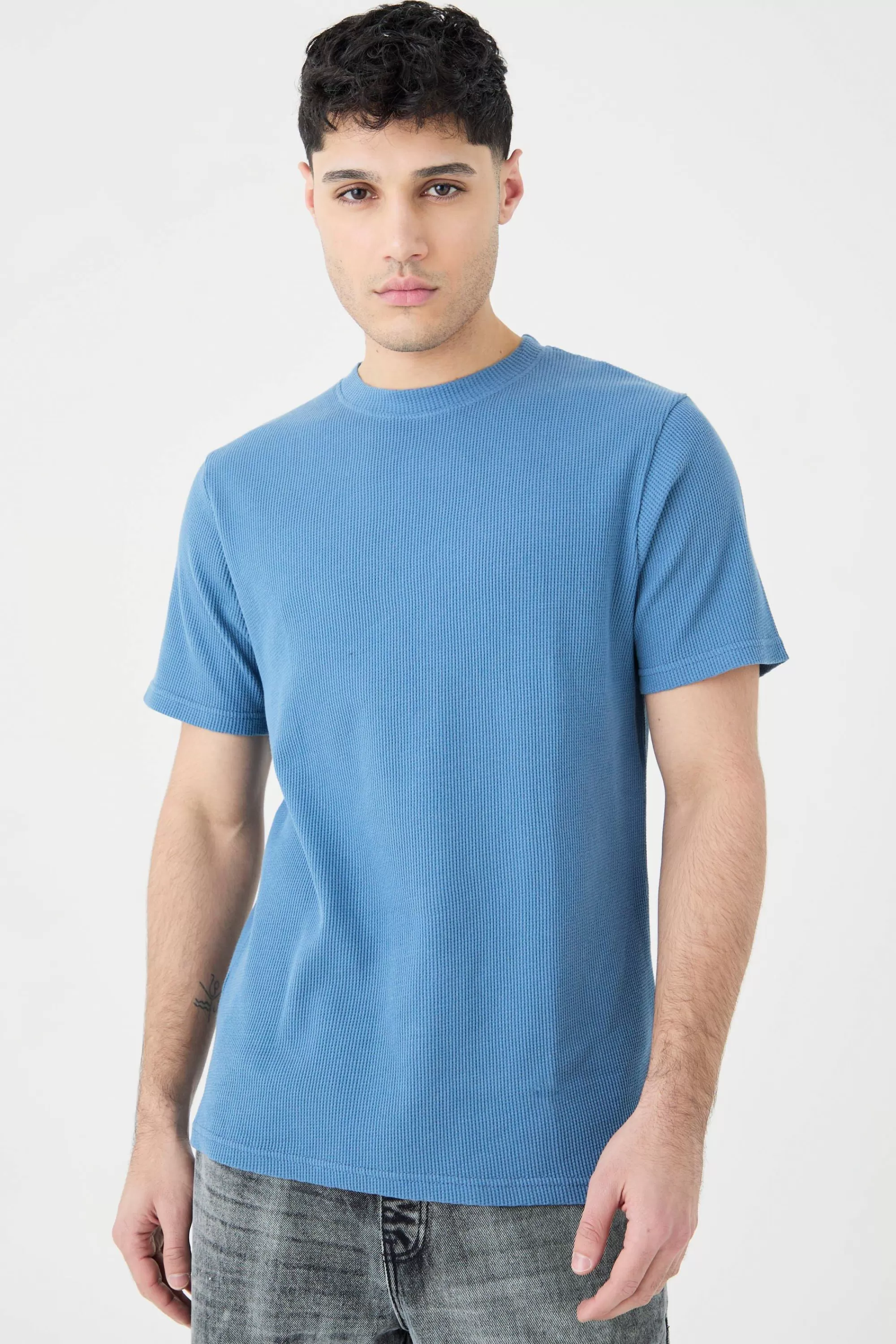 boohooMAN Slim Fit Waffle T-shirt | UK slate blue Cheap