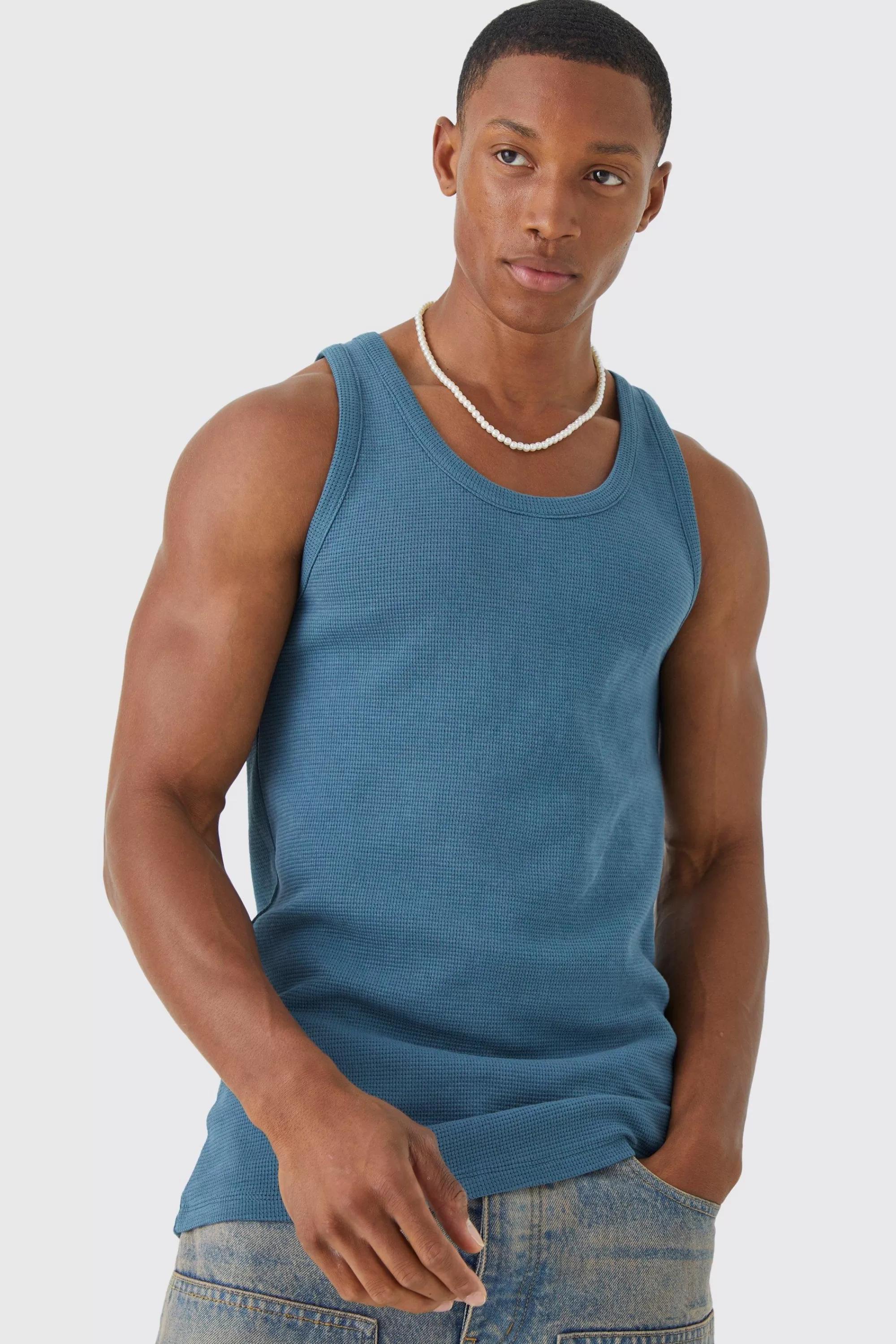 boohooMAN Slim Fit Waffle Vest | UK slate Flash Sale