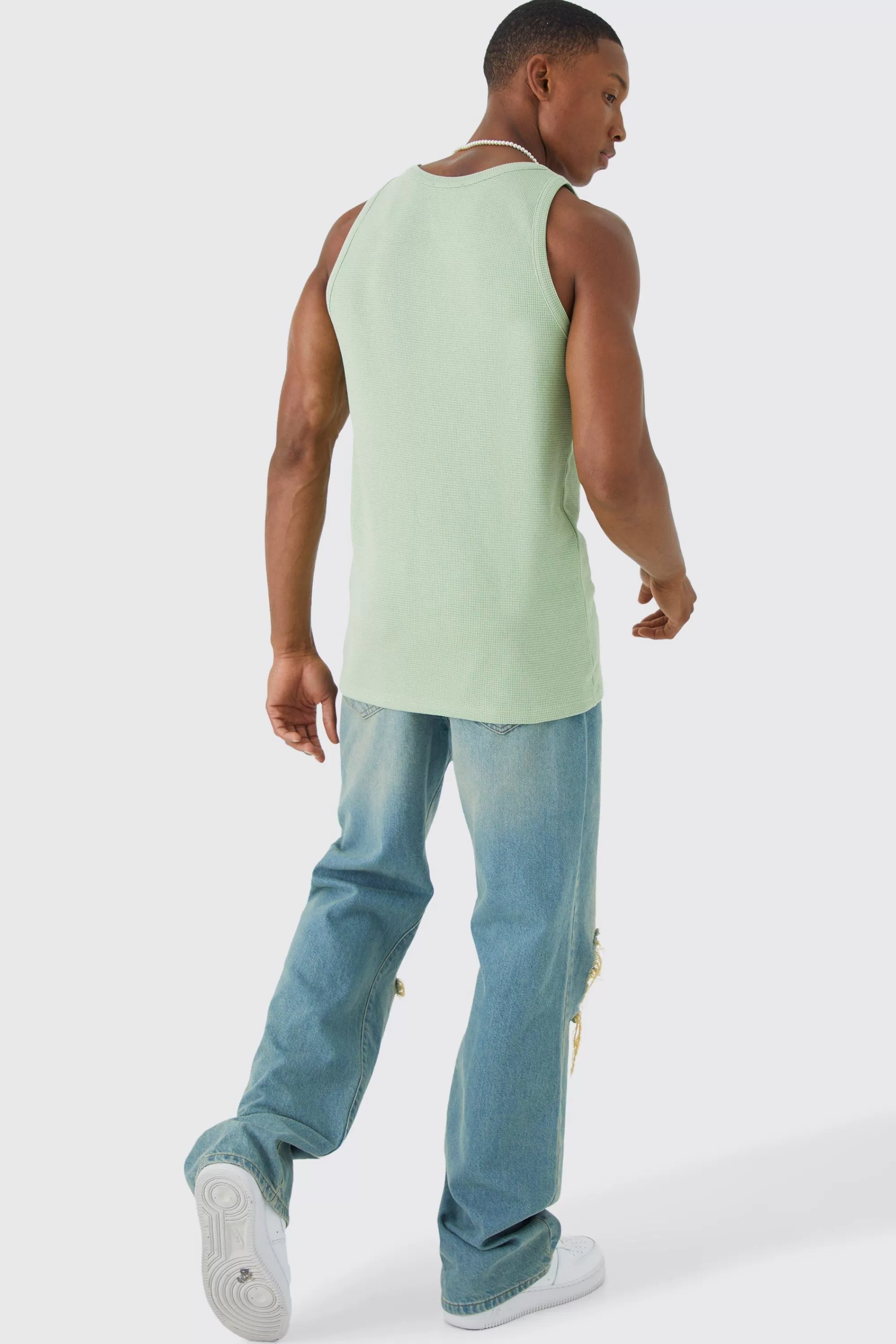 boohooMAN Slim Fit Waffle Vest | UK sage Discount
