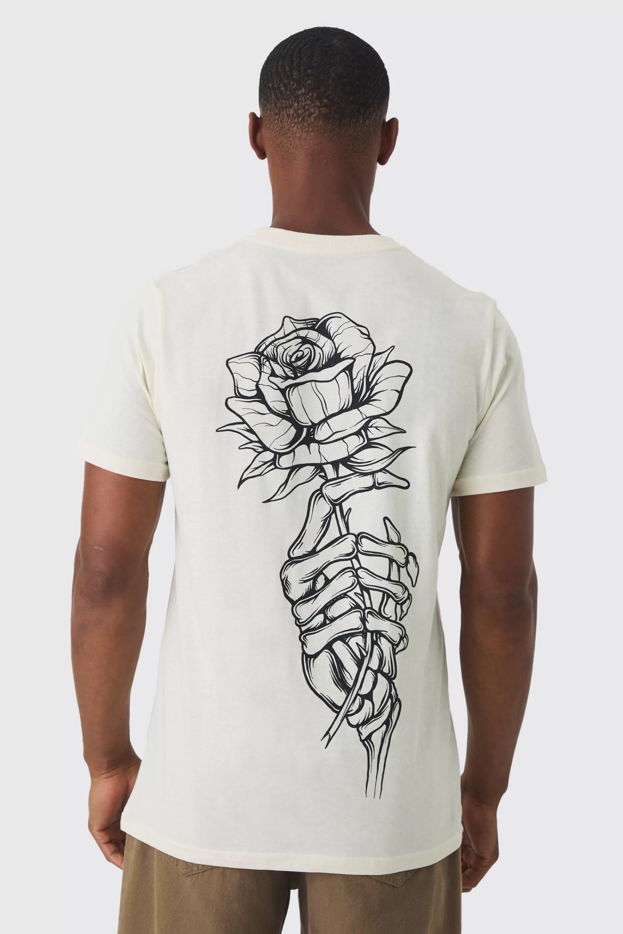 boohooMAN Slim Fit Washed Rose Line Drawing Back Print T-shirt | UK ecru Cheap