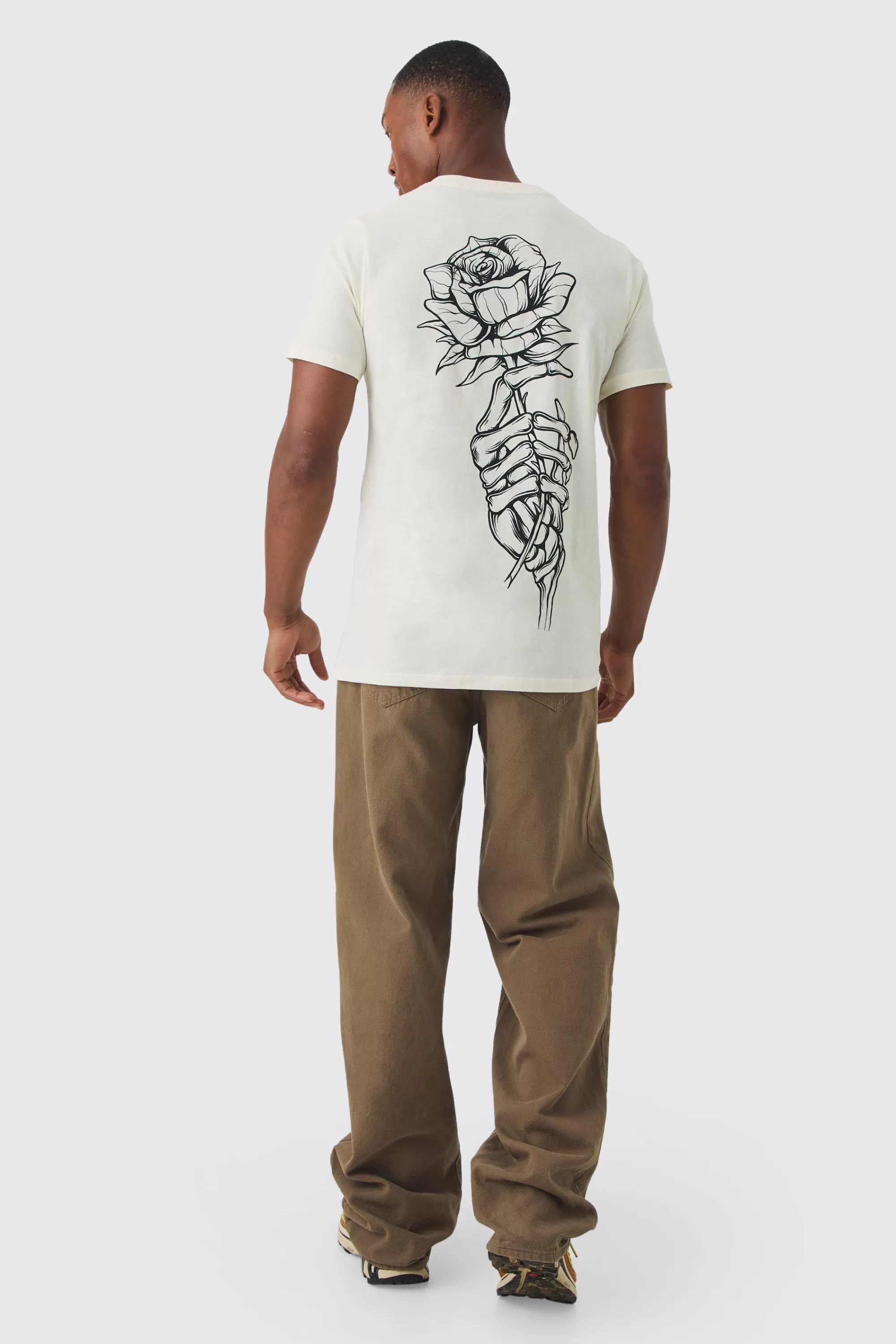 boohooMAN Slim Fit Washed Rose Line Drawing Back Print T-shirt | UK ecru Cheap