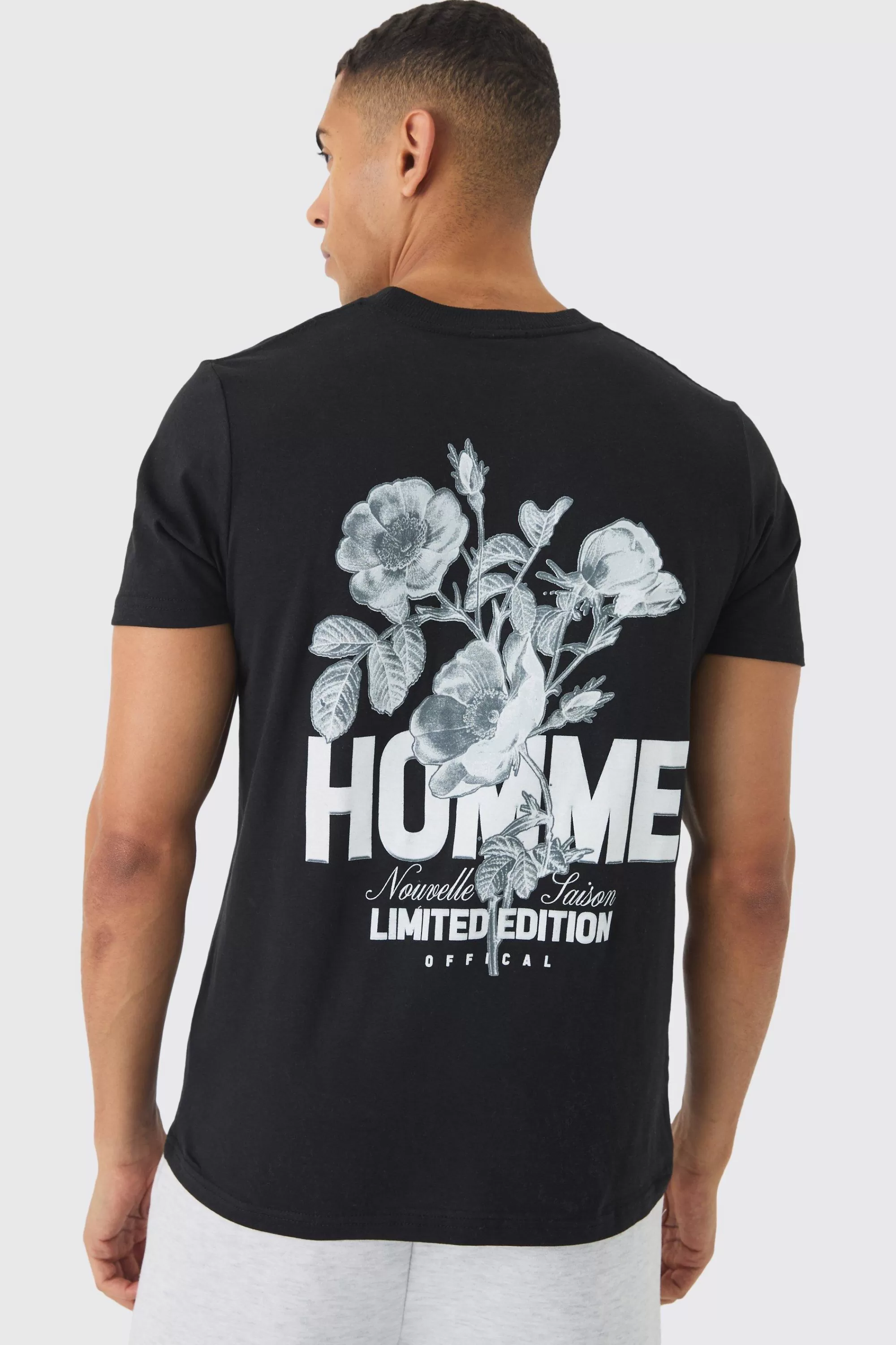 boohooMAN Slim Homme Floral Back Print T-Shirt | UK black Discount