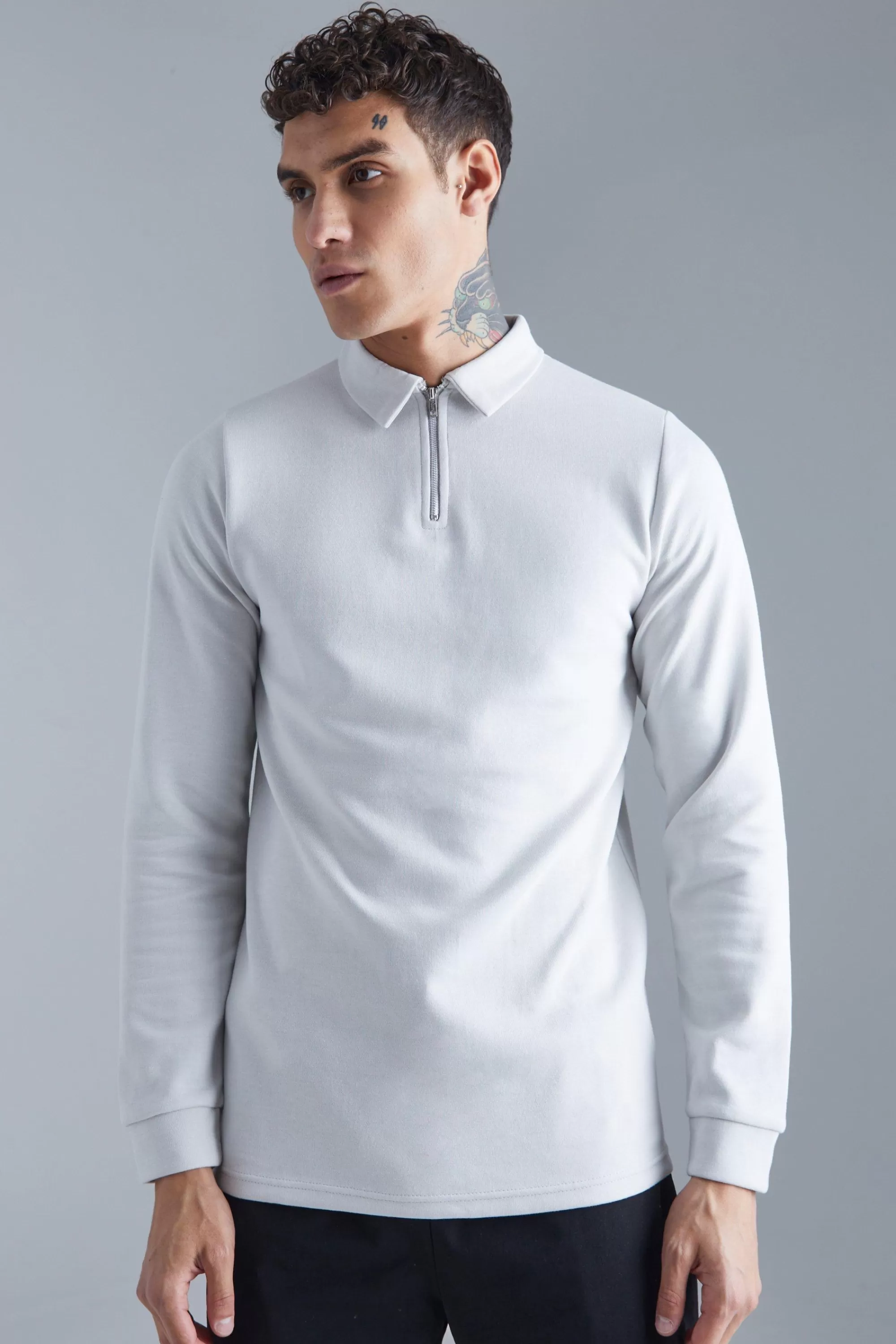 boohooMAN Slim Interlock Long Sleeved Polo | UK light grey Online