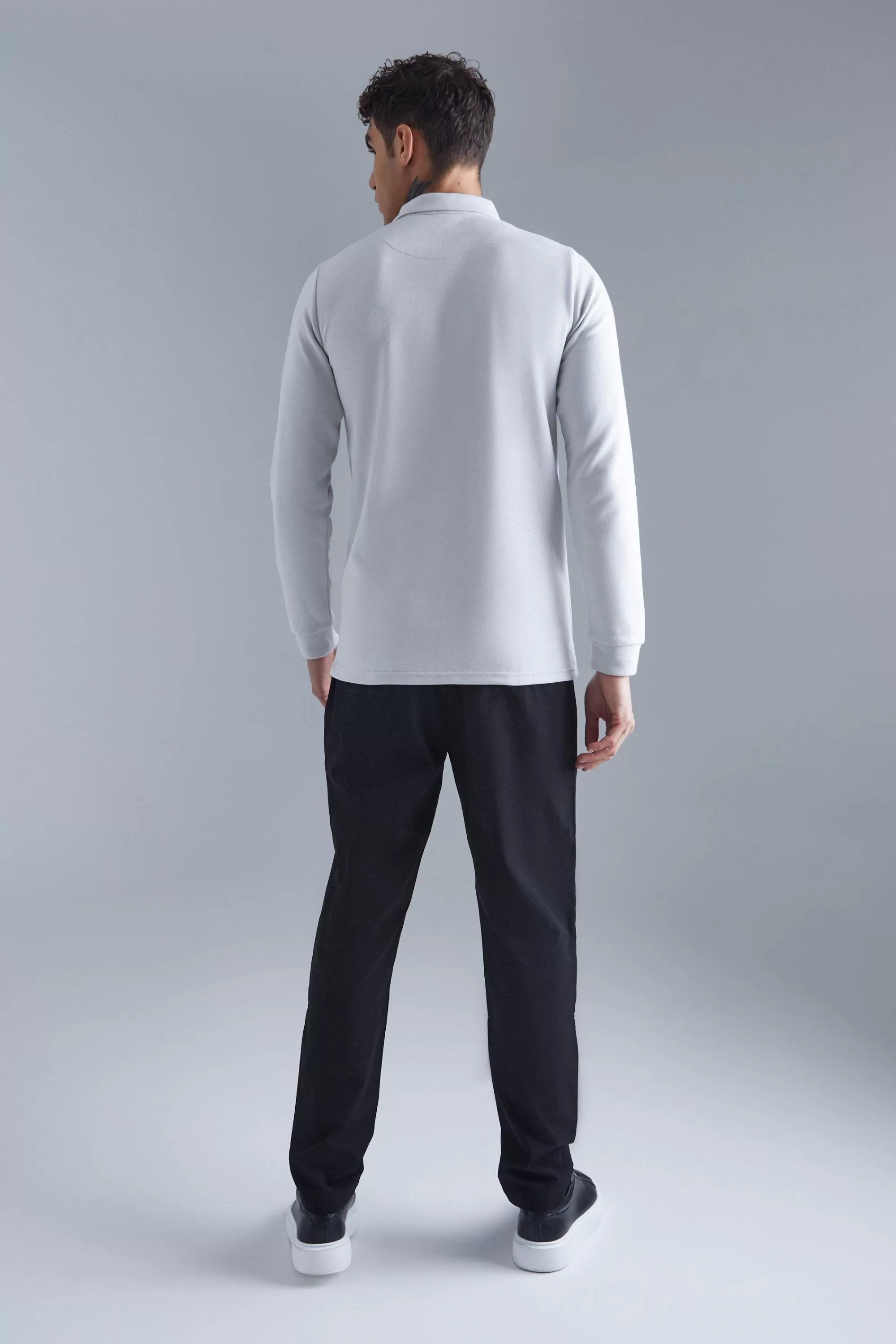 boohooMAN Slim Interlock Long Sleeved Polo | UK light grey Online