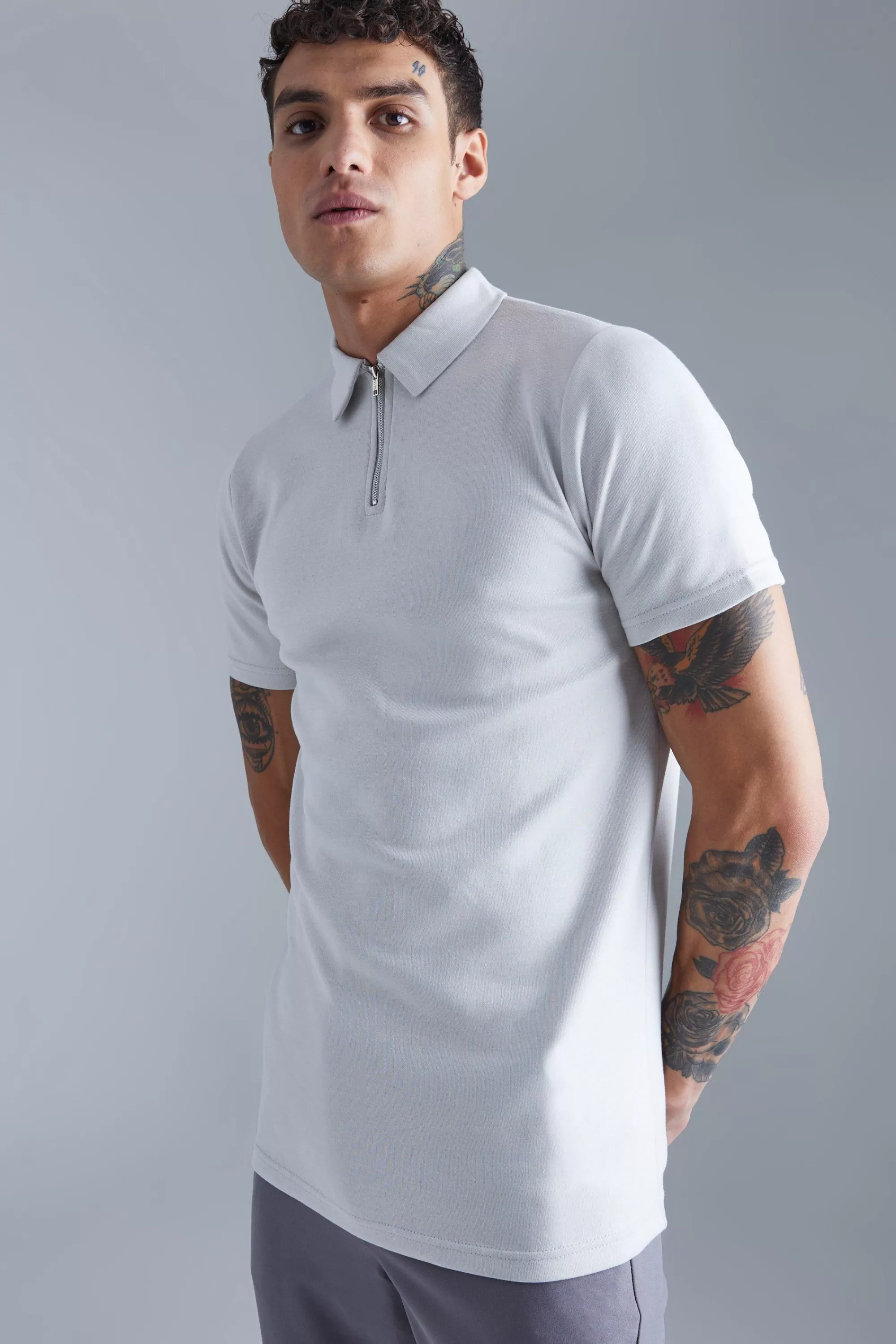 boohooMAN Slim Interlock Polo | UK light grey Best Sale