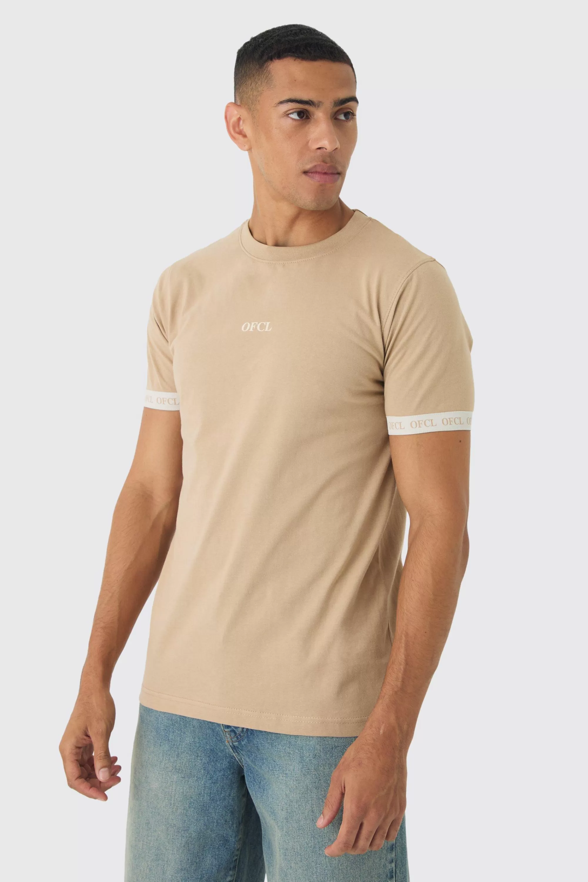 boohooMAN Slim OFCL Tape T-shirt | UK taupe New