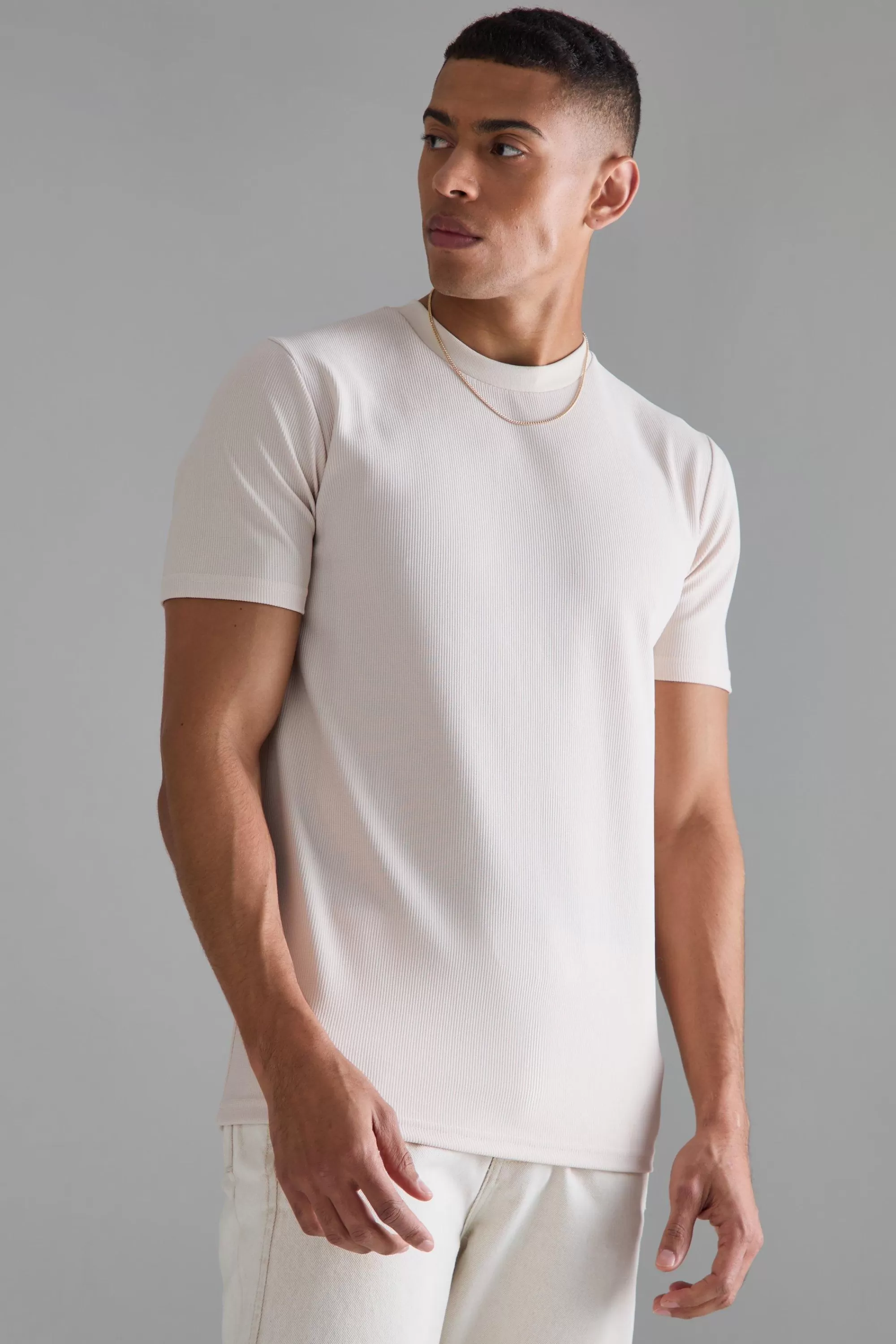 boohooMAN Slim Ottoman Rib T-Shirt | UK peach Online