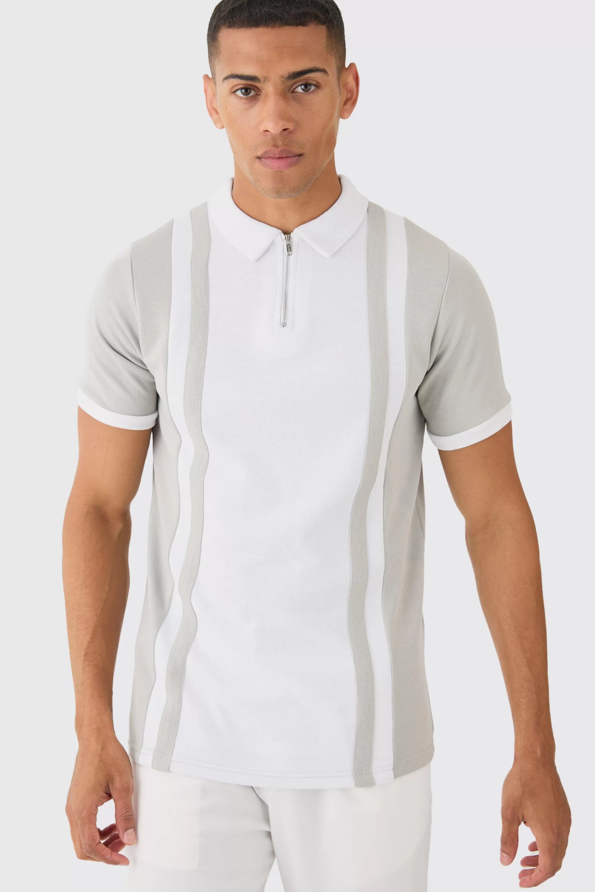 boohooMAN Slim Panelled Zip Neck Interlock Polo | UK white Shop