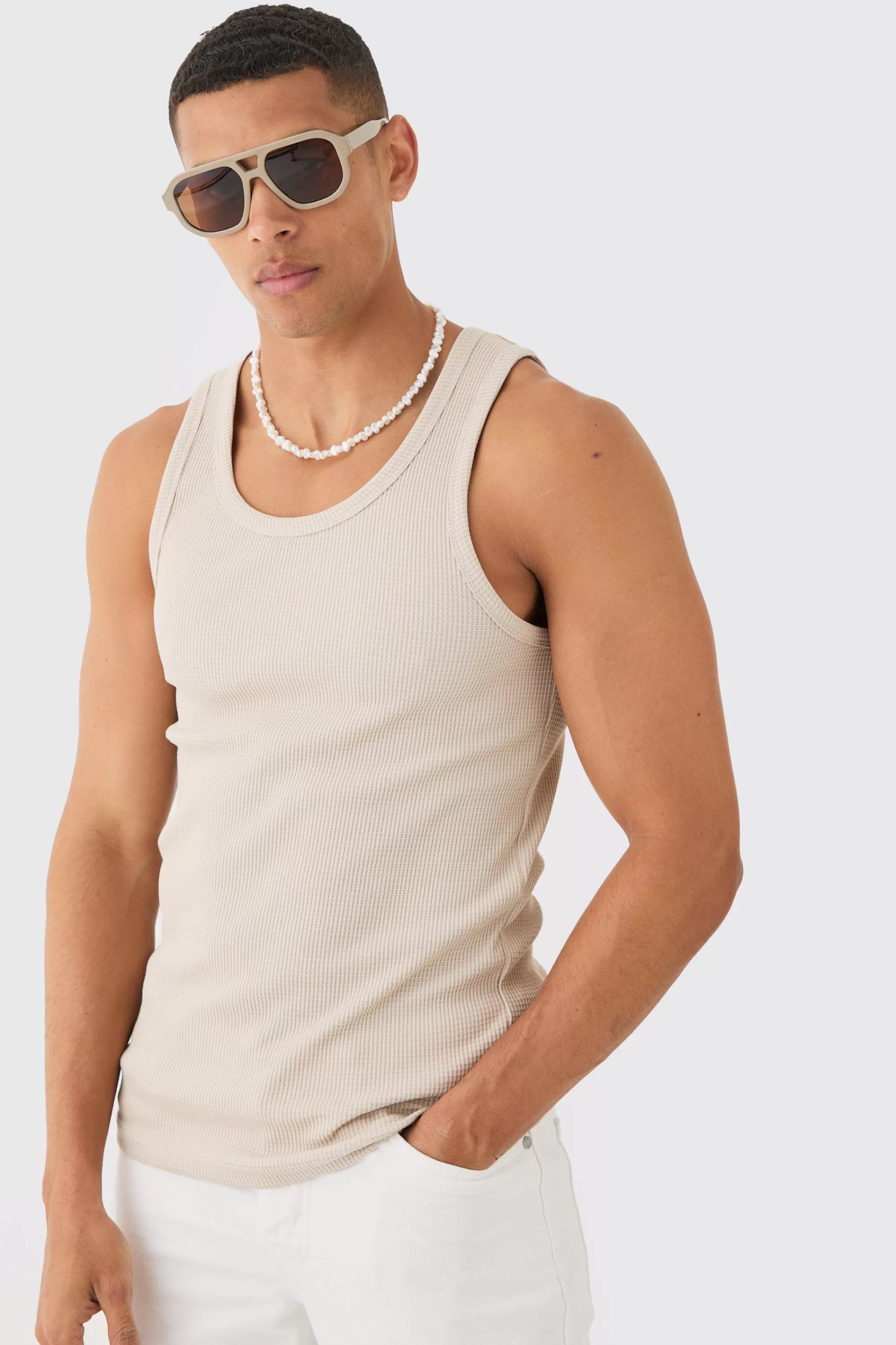 boohooMAN Slim Waffle Vest | UK stone Hot