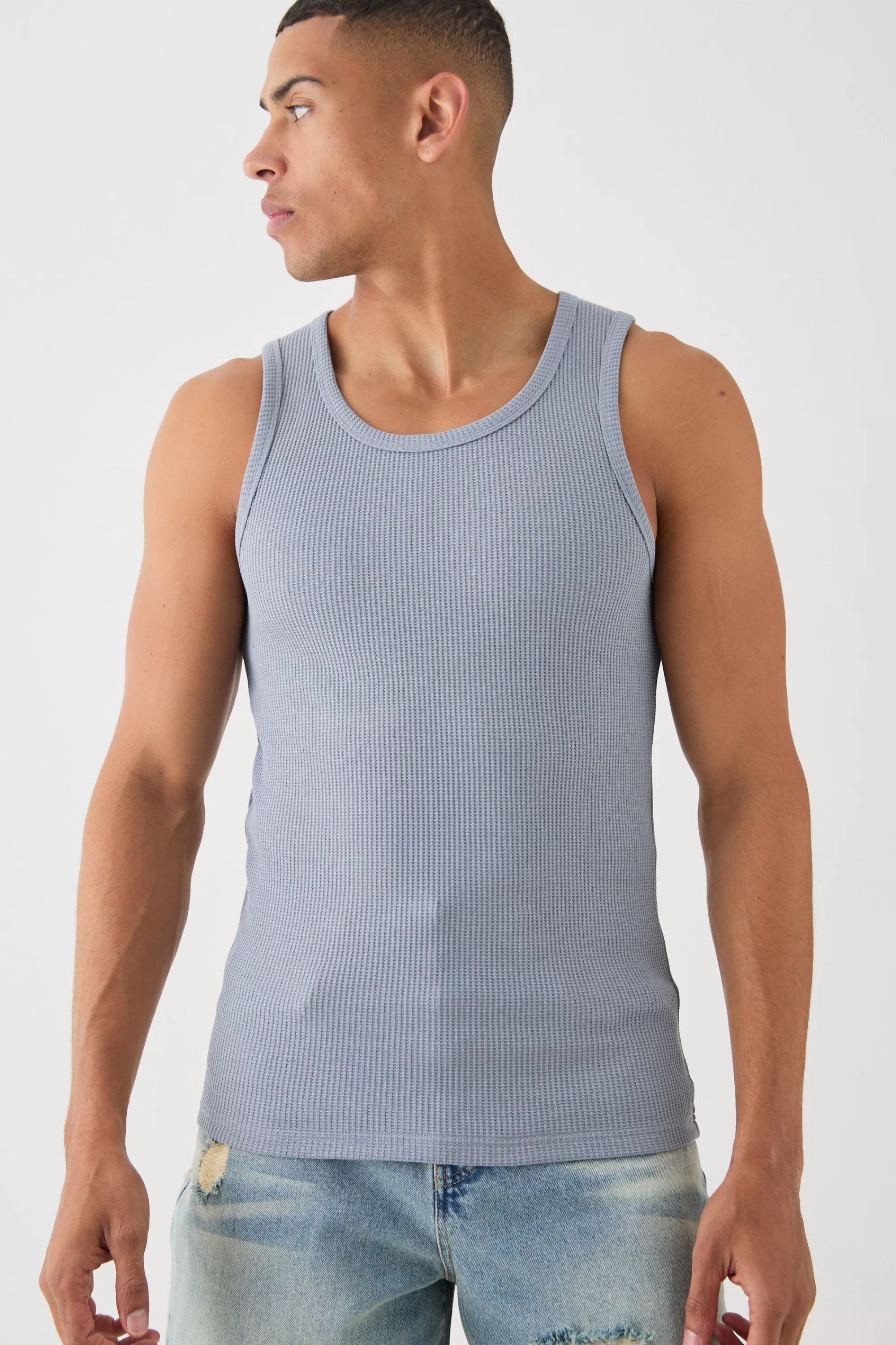 boohooMAN Slim Waffle Vest | UK slate blue Hot
