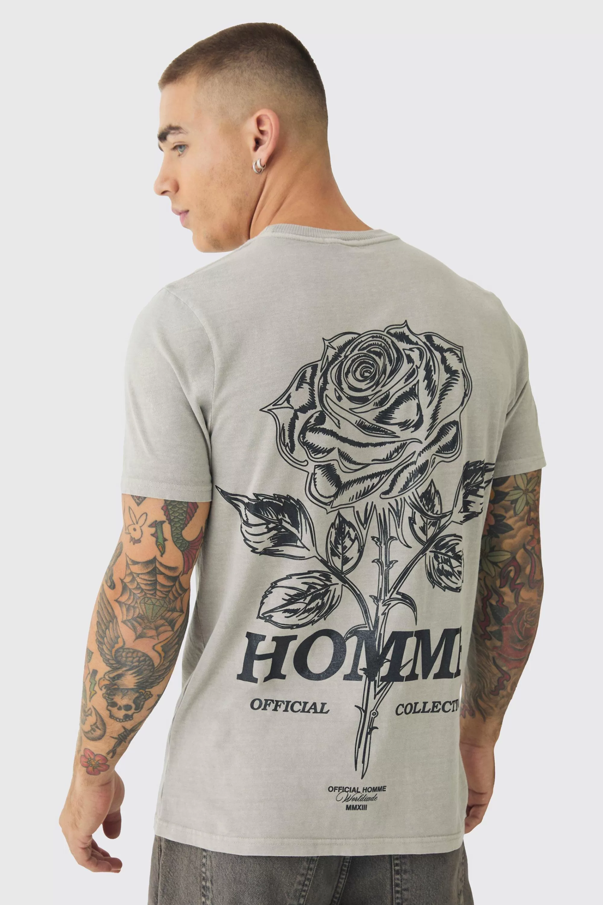 boohooMAN Slim Washed Floral Back Print T-Shirt | UK stone Discount