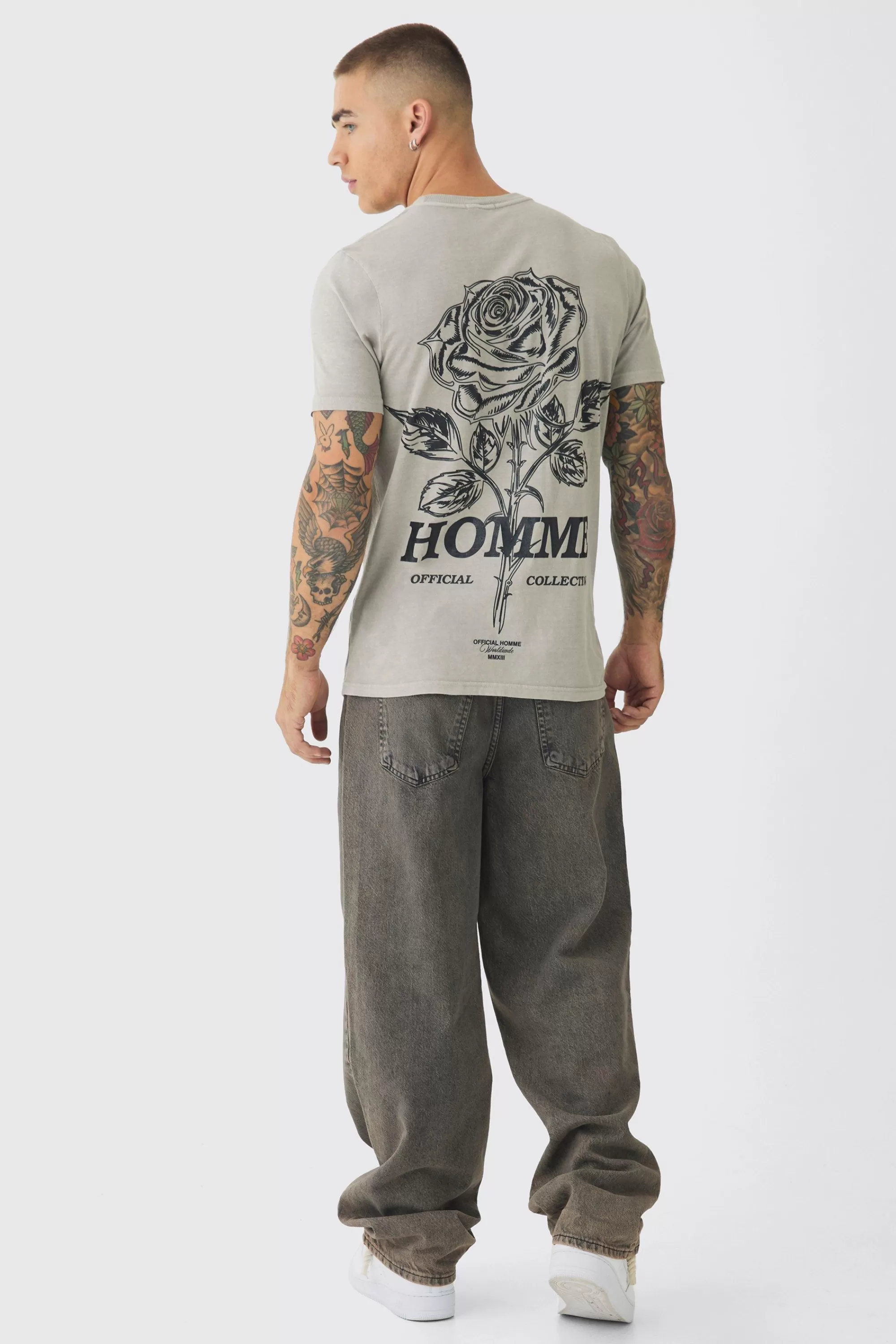 boohooMAN Slim Washed Floral Back Print T-Shirt | UK stone Discount