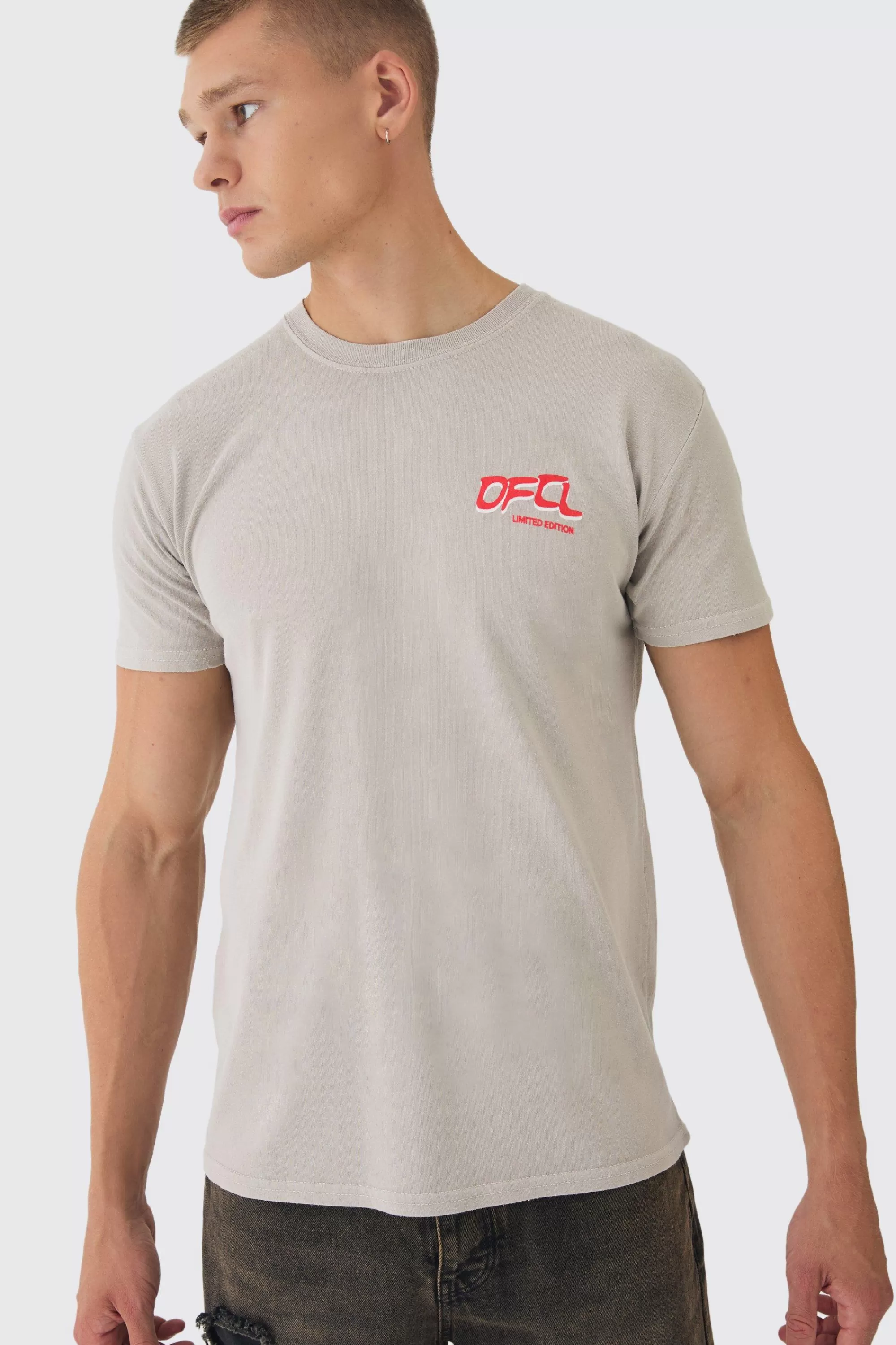 boohooMAN Slim Washed OFCL Chest Print T-Shirt | UK stone Hot
