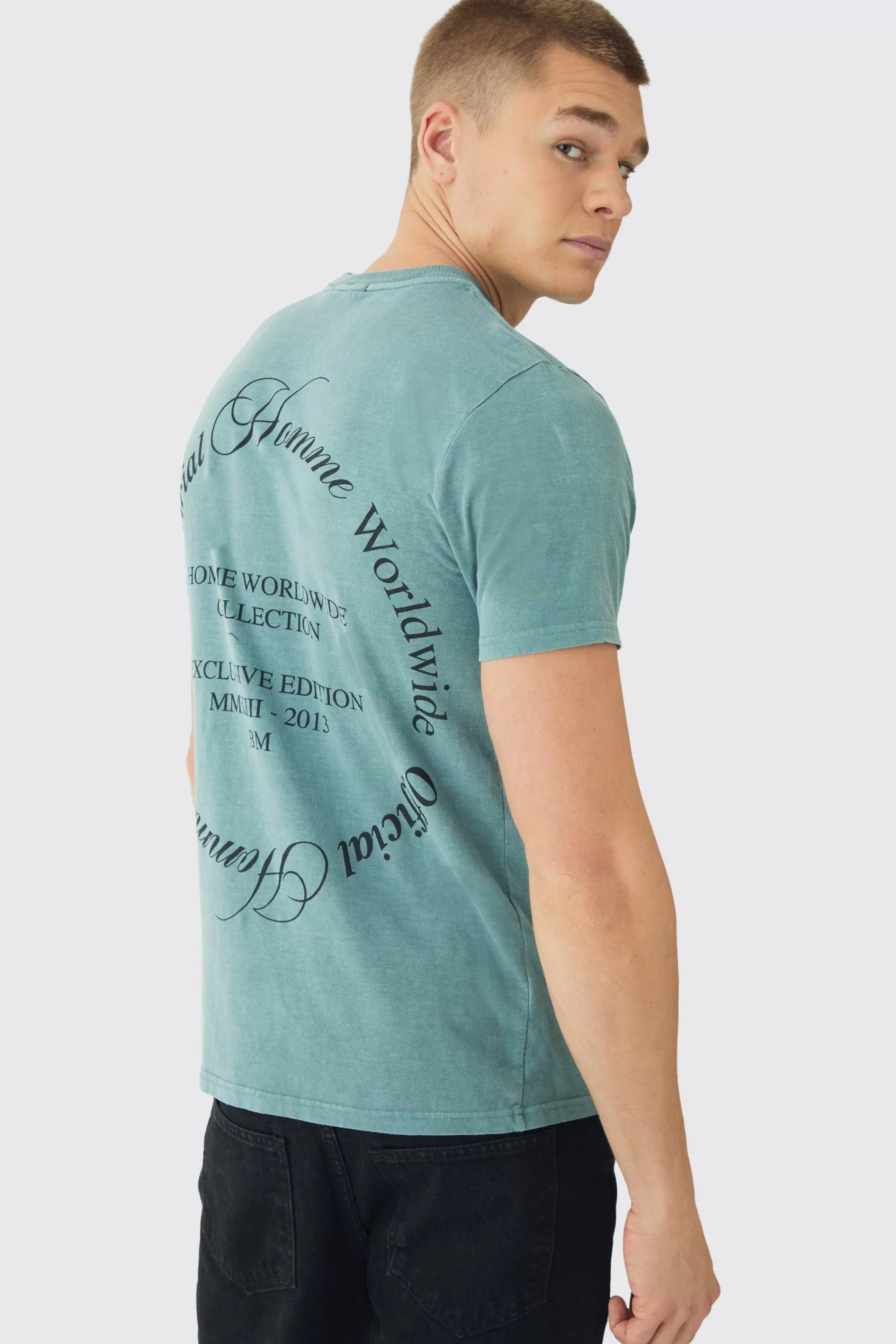 boohooMAN Slim Washed Worldwide Print T-Shirt | UK slate Shop