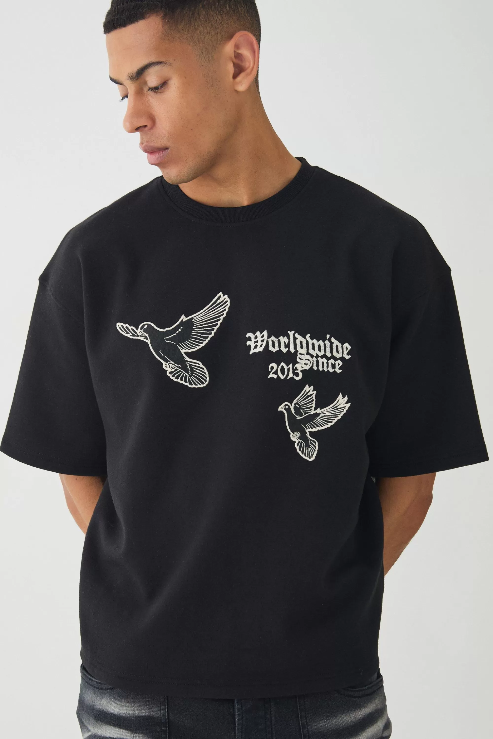 boohooMAN Smart Oversized Boxy Embroidered Interlock T-shirt | UK black Online