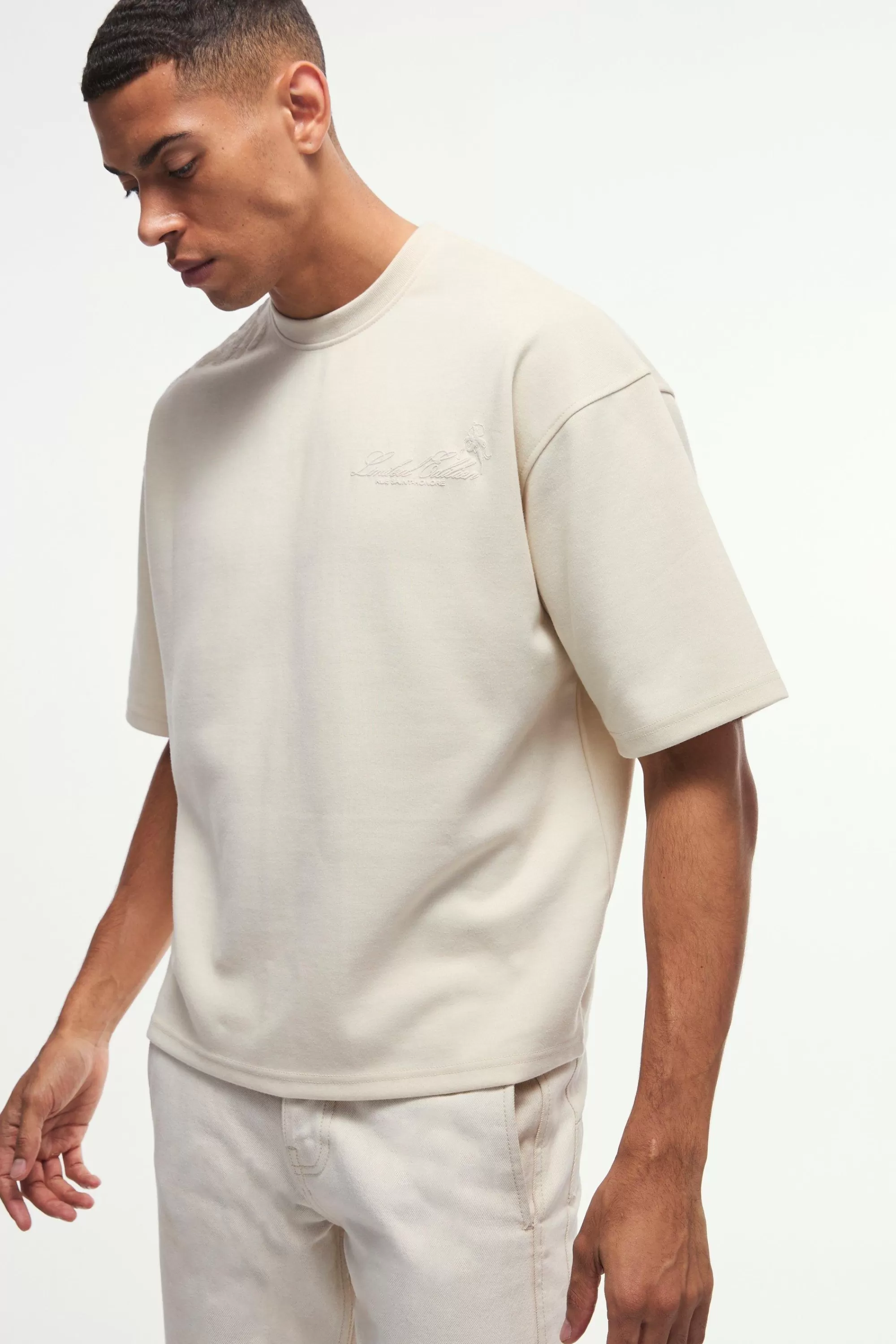 boohooMAN Smart Oversized Boxy Puff Print Interlock T-shirt | UK stone Clearance