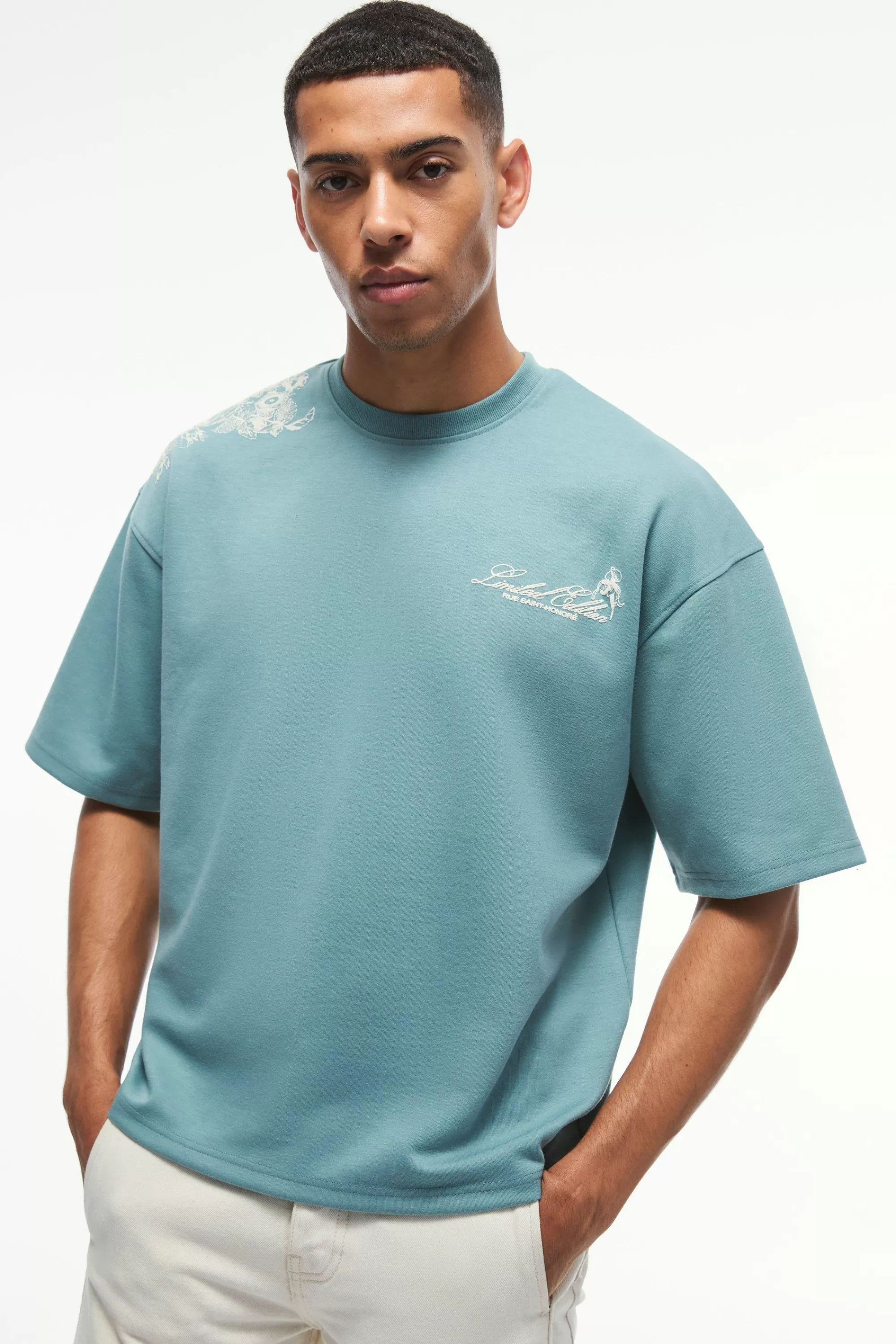 boohooMAN Smart Oversized Boxy Puff Print Interlock T-shirt | UK teal Cheap