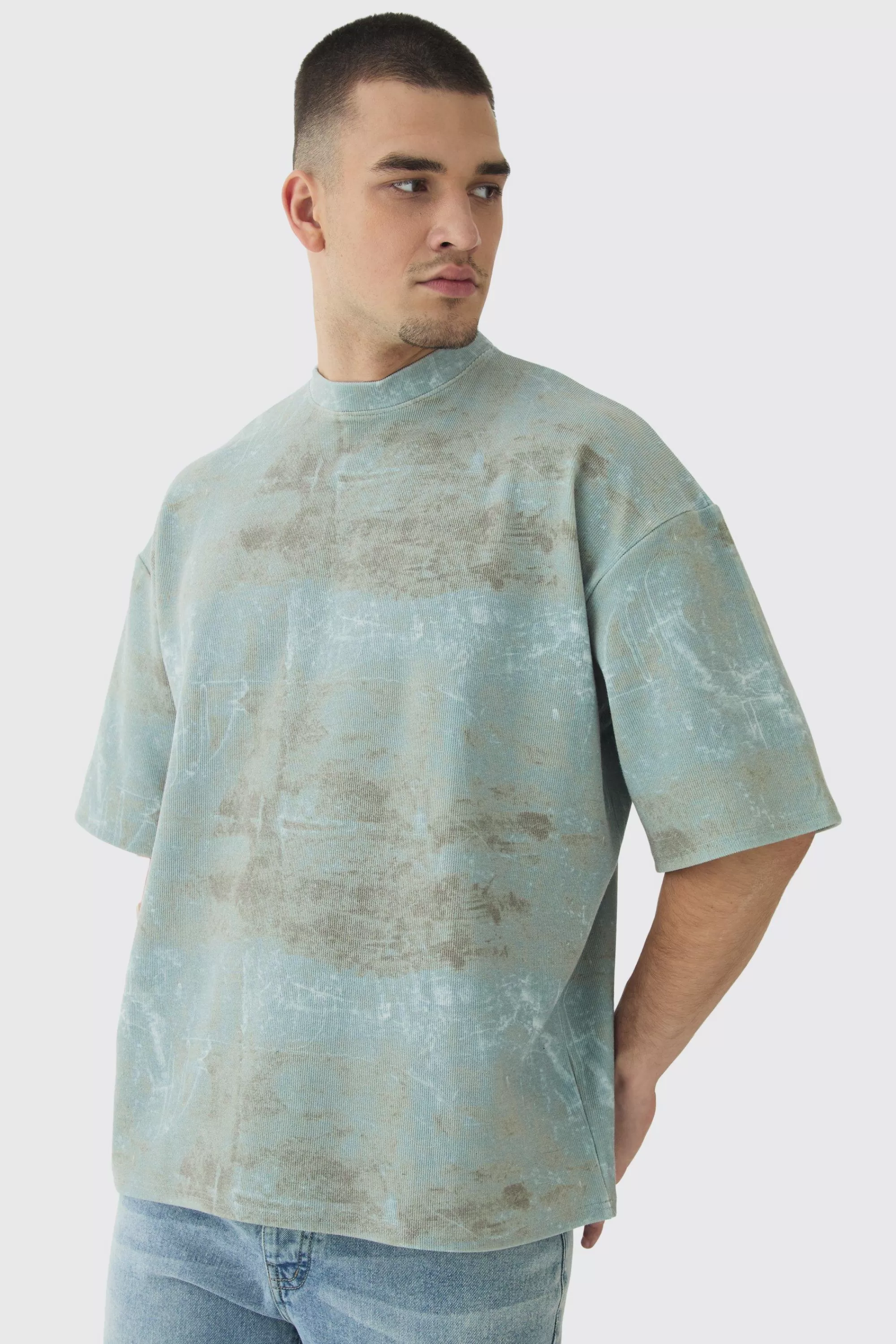boohooMAN Tall Acid Wash Compact Rib Boxy Oversized T-Shirt | UK charcoal Outlet