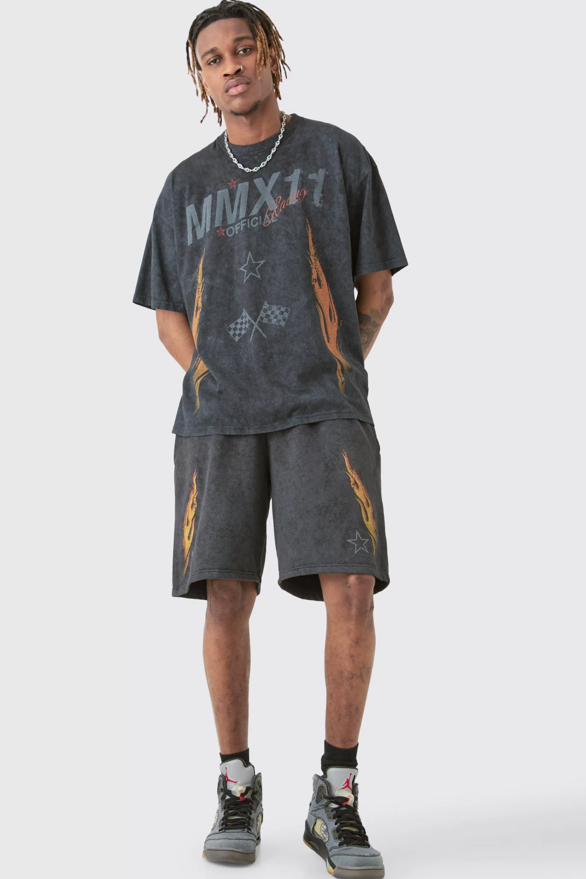 boohooMAN Tall Acid Wash Moto T-Shirt & Short Set | UK red Outlet