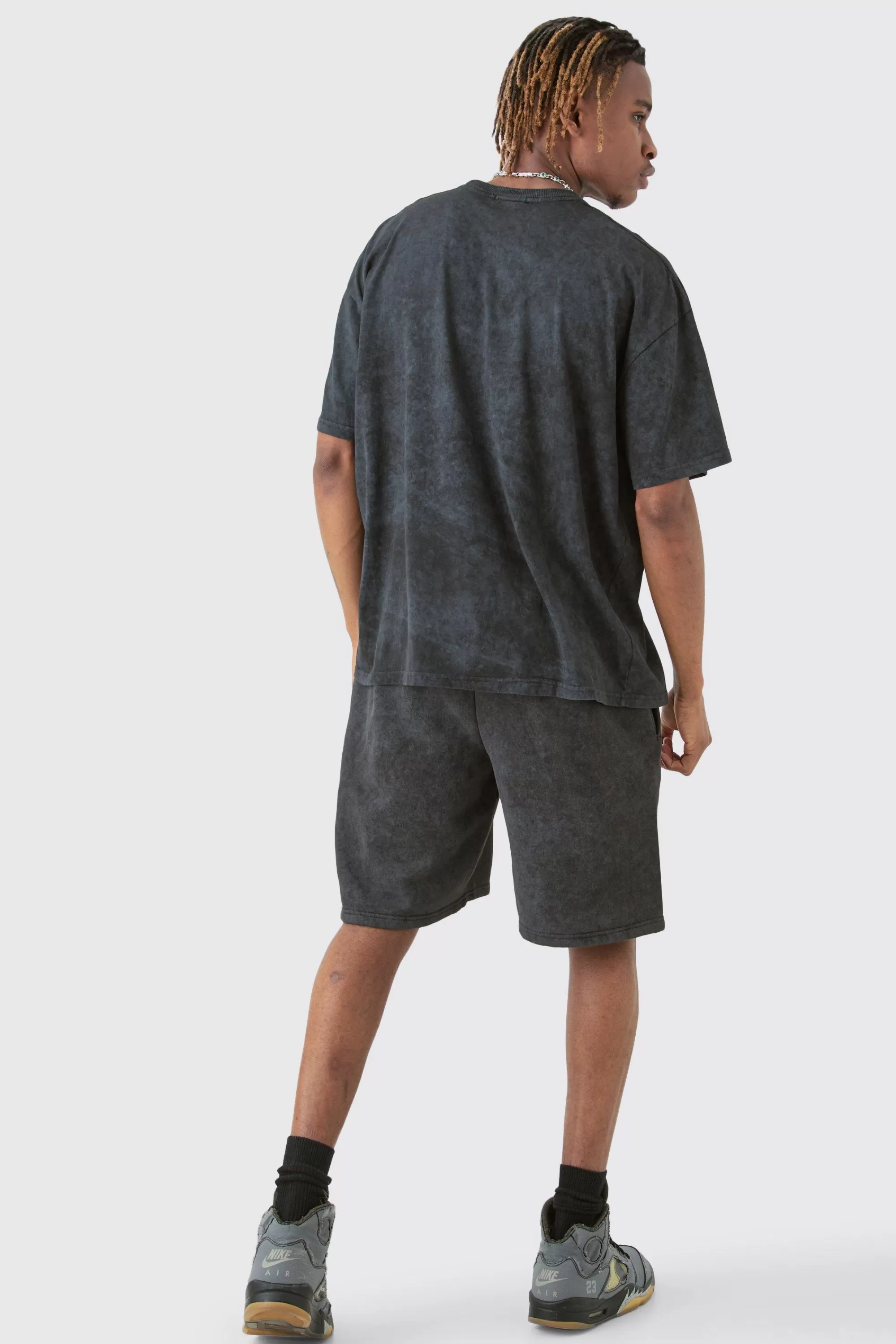 boohooMAN Tall Acid Wash Moto T-Shirt & Short Set | UK red Outlet