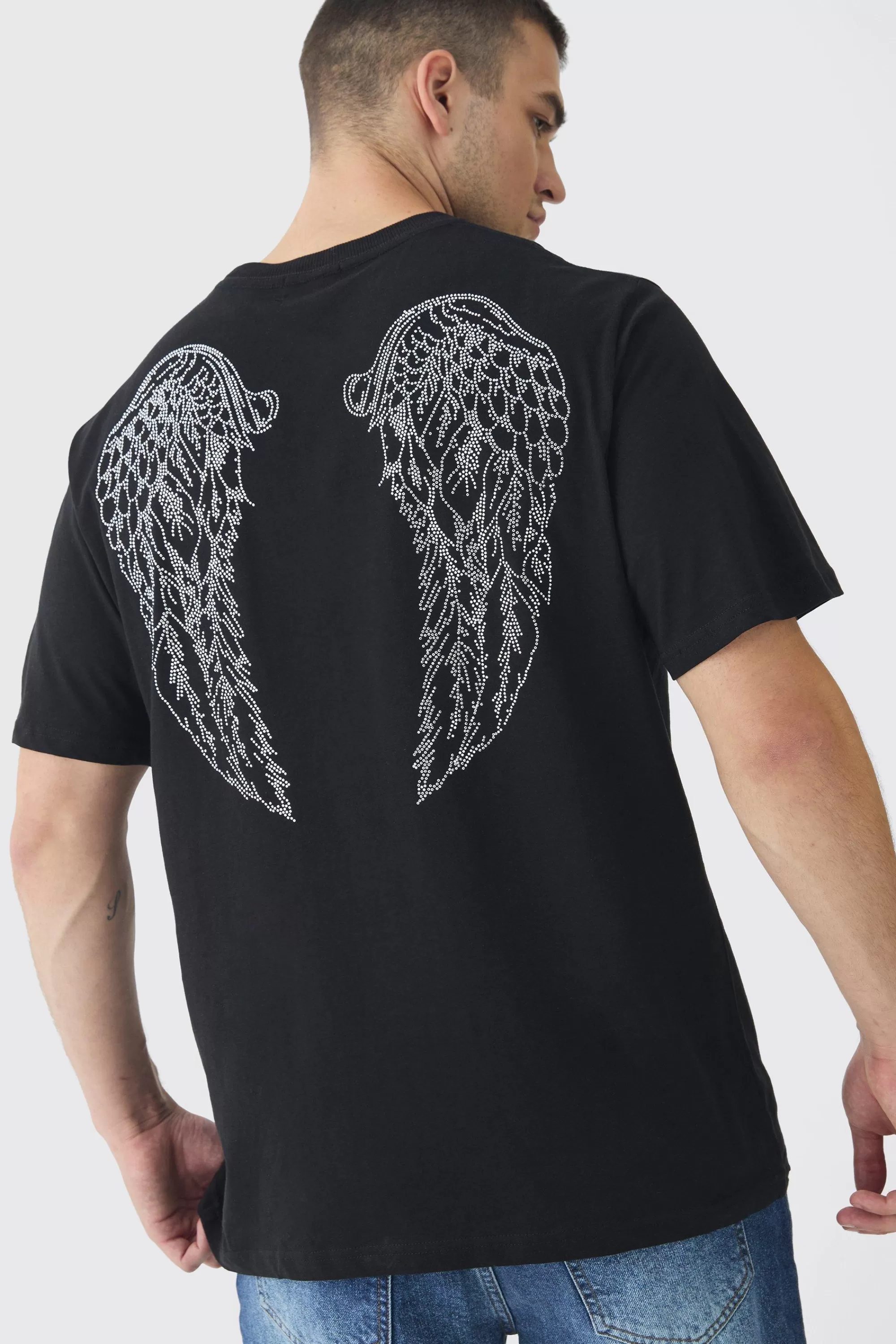 boohooMAN Tall Angel Wing Rhinestone Printed T-Shirt In | UK black Best