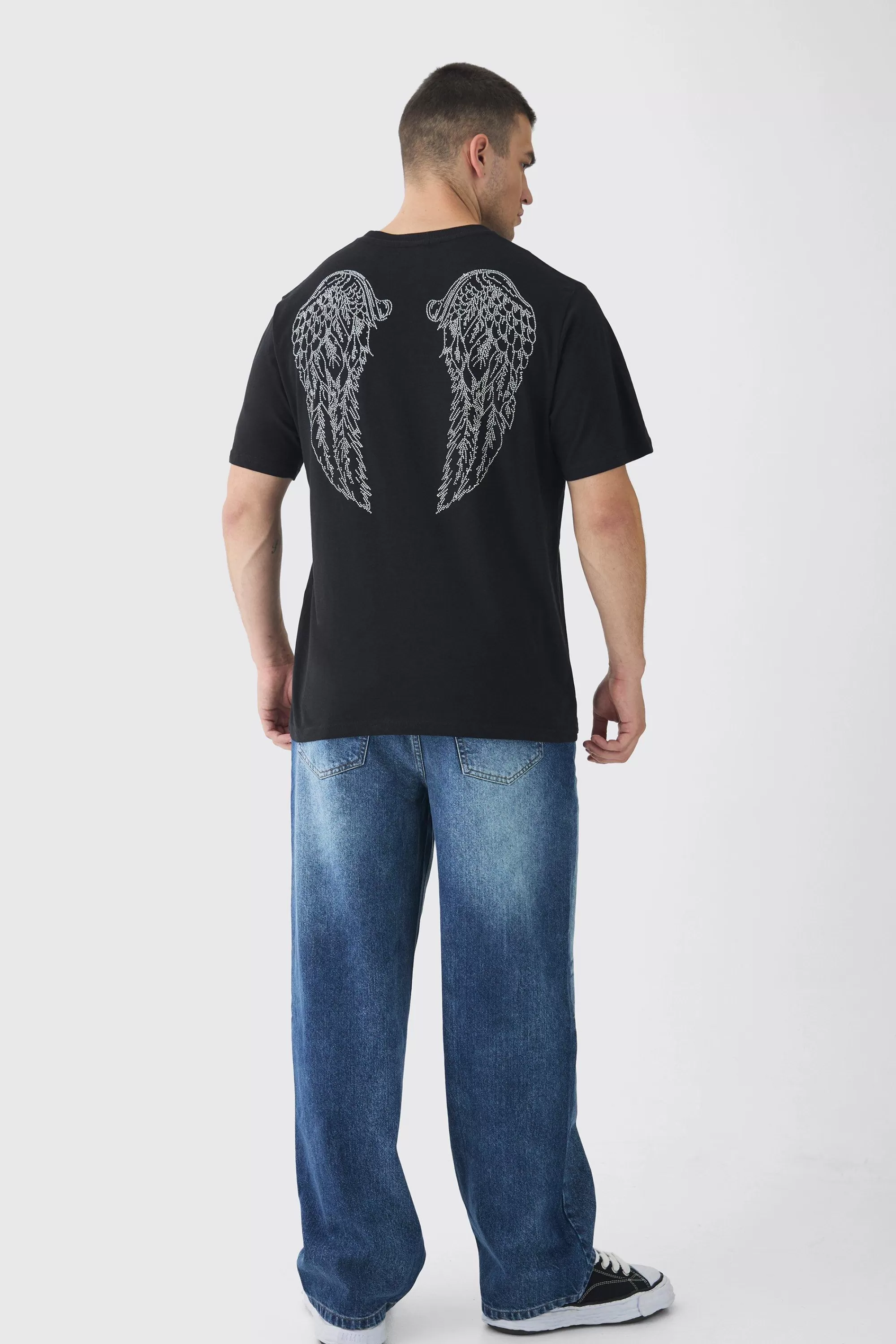 boohooMAN Tall Angel Wing Rhinestone Printed T-Shirt In | UK black Best