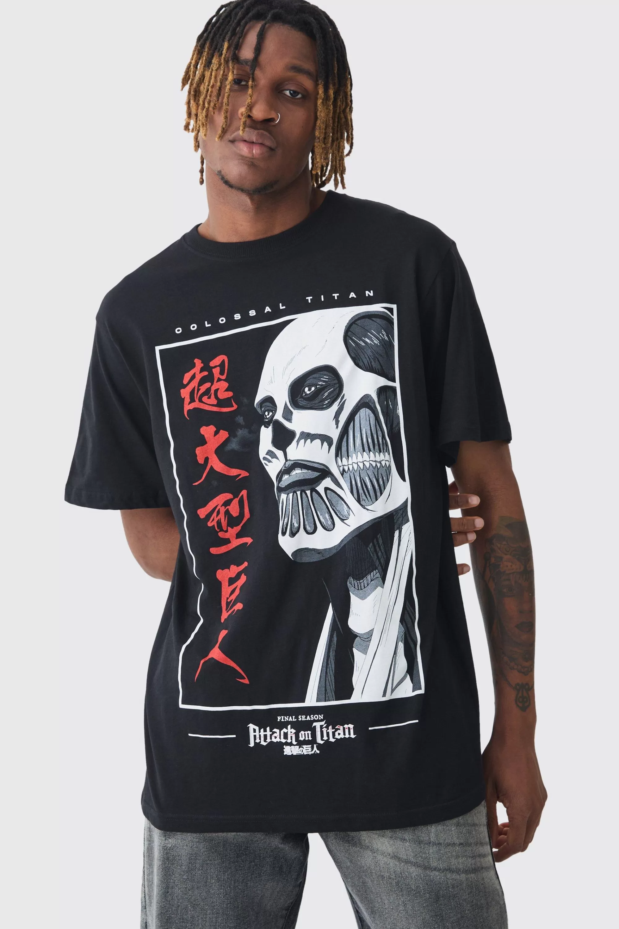 boohooMAN Tall Attack On Titan Anime Printed Licensed T-shirt In | UK black Clearance