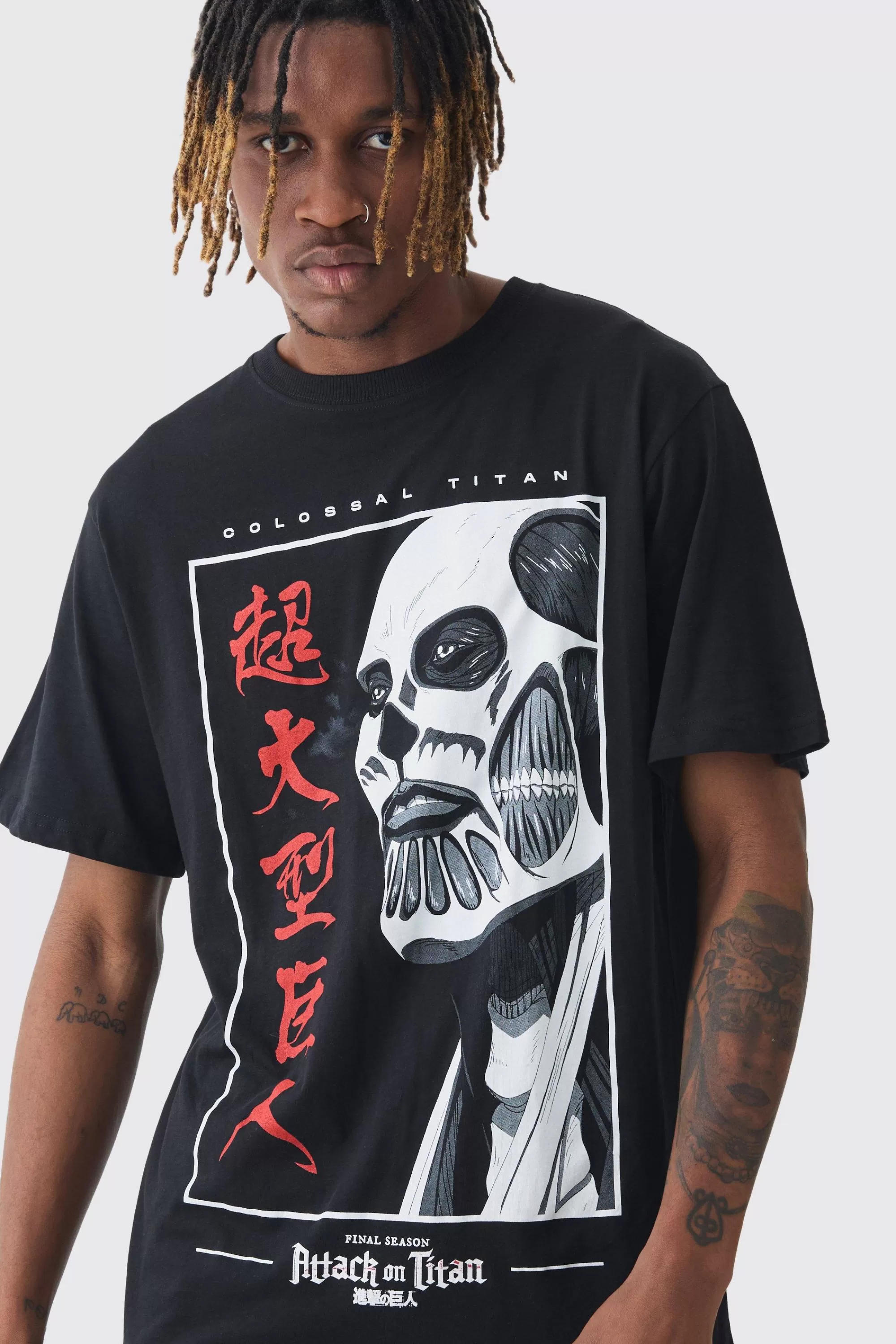 boohooMAN Tall Attack On Titan Anime Printed Licensed T-shirt In | UK black Clearance