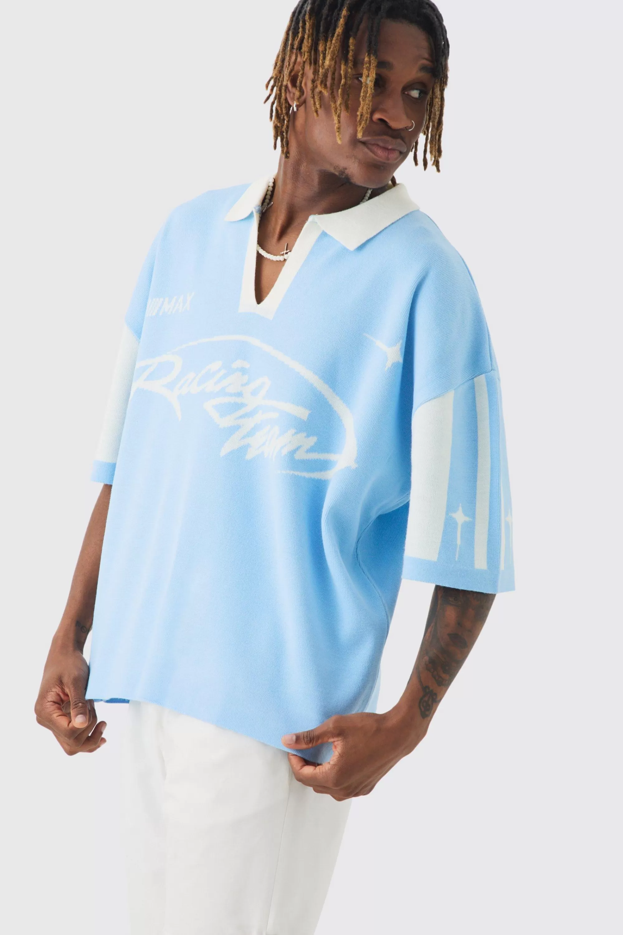 boohooMAN Tall Boxy Moto Knitted Polo | UK blue Outlet