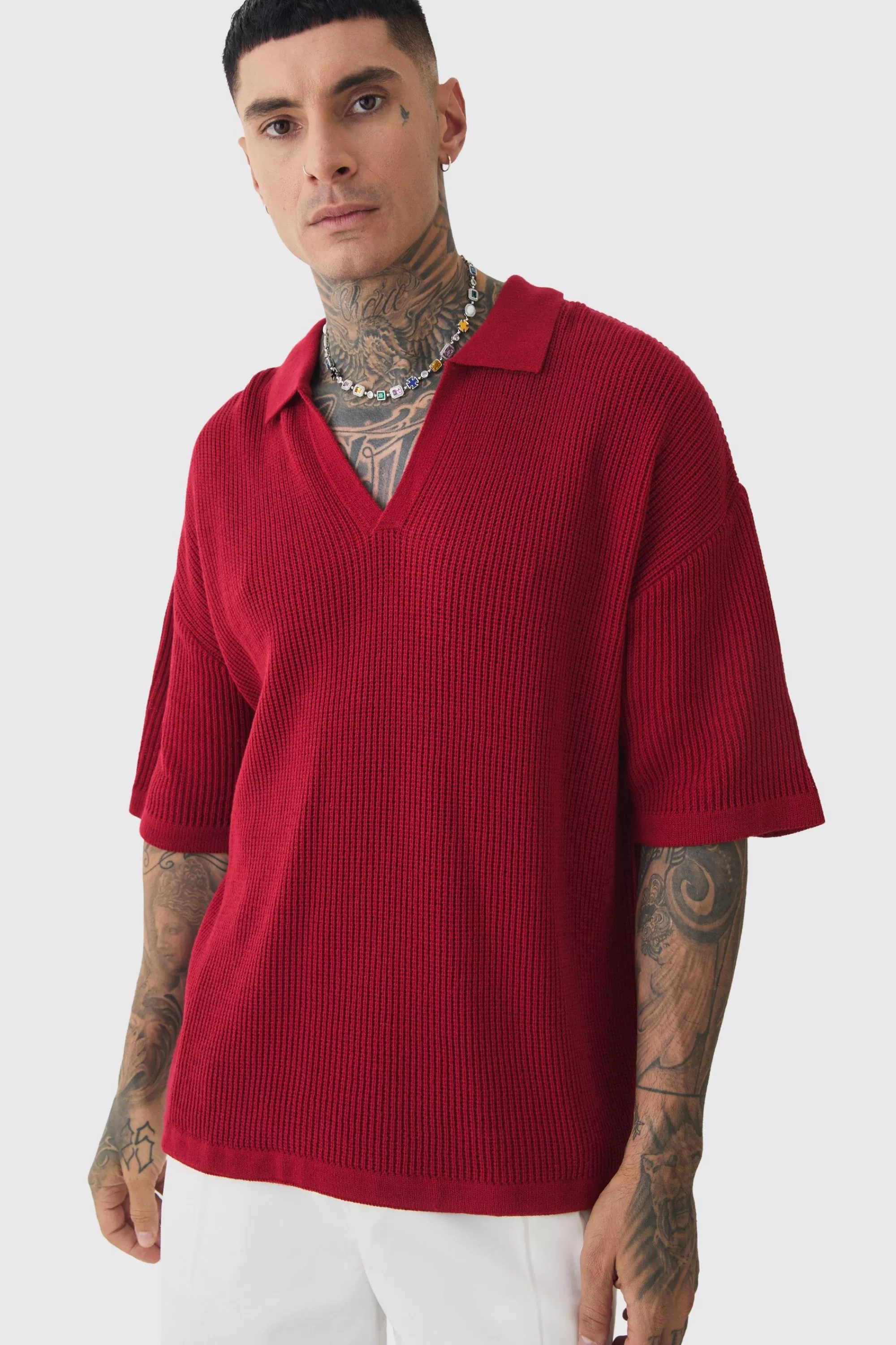 boohooMAN Tall Boxy Short Sleeve Ribbed Knit Polo | UK red Cheap