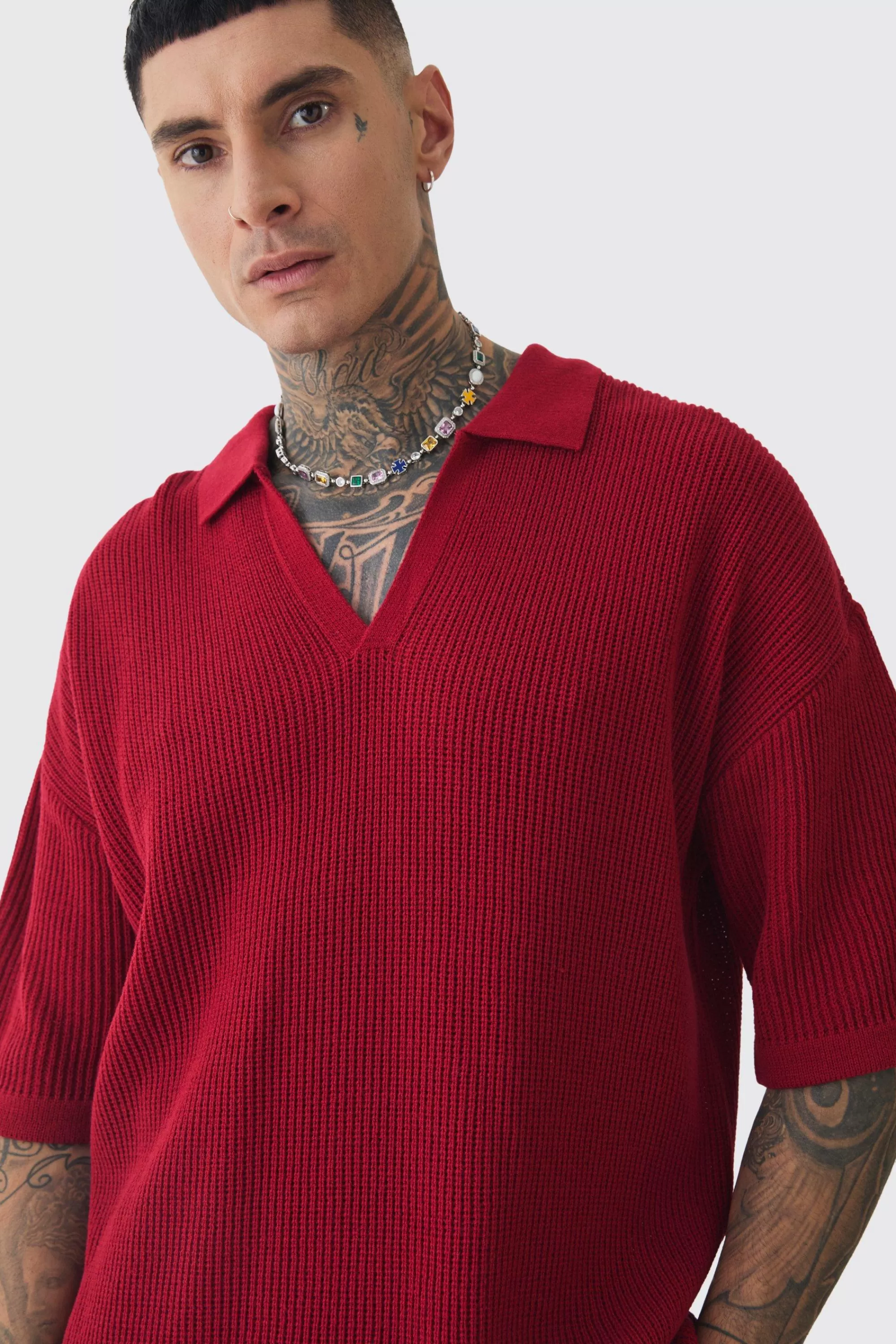 boohooMAN Tall Boxy Short Sleeve Ribbed Knit Polo | UK red Cheap