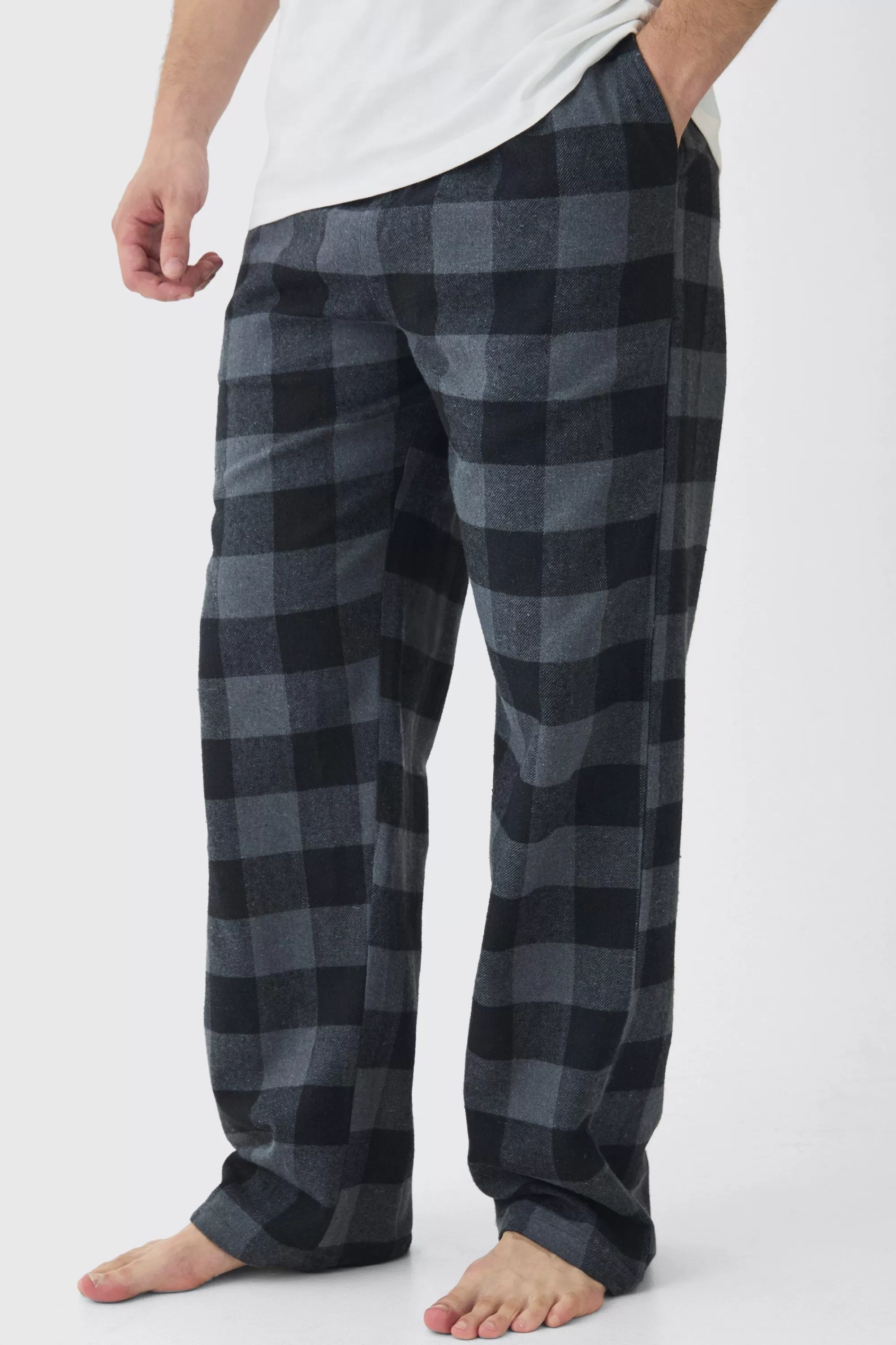 boohooMAN Tall Brushed Check Loungewear Bottom And T-shirt Set In | UK grey Outlet