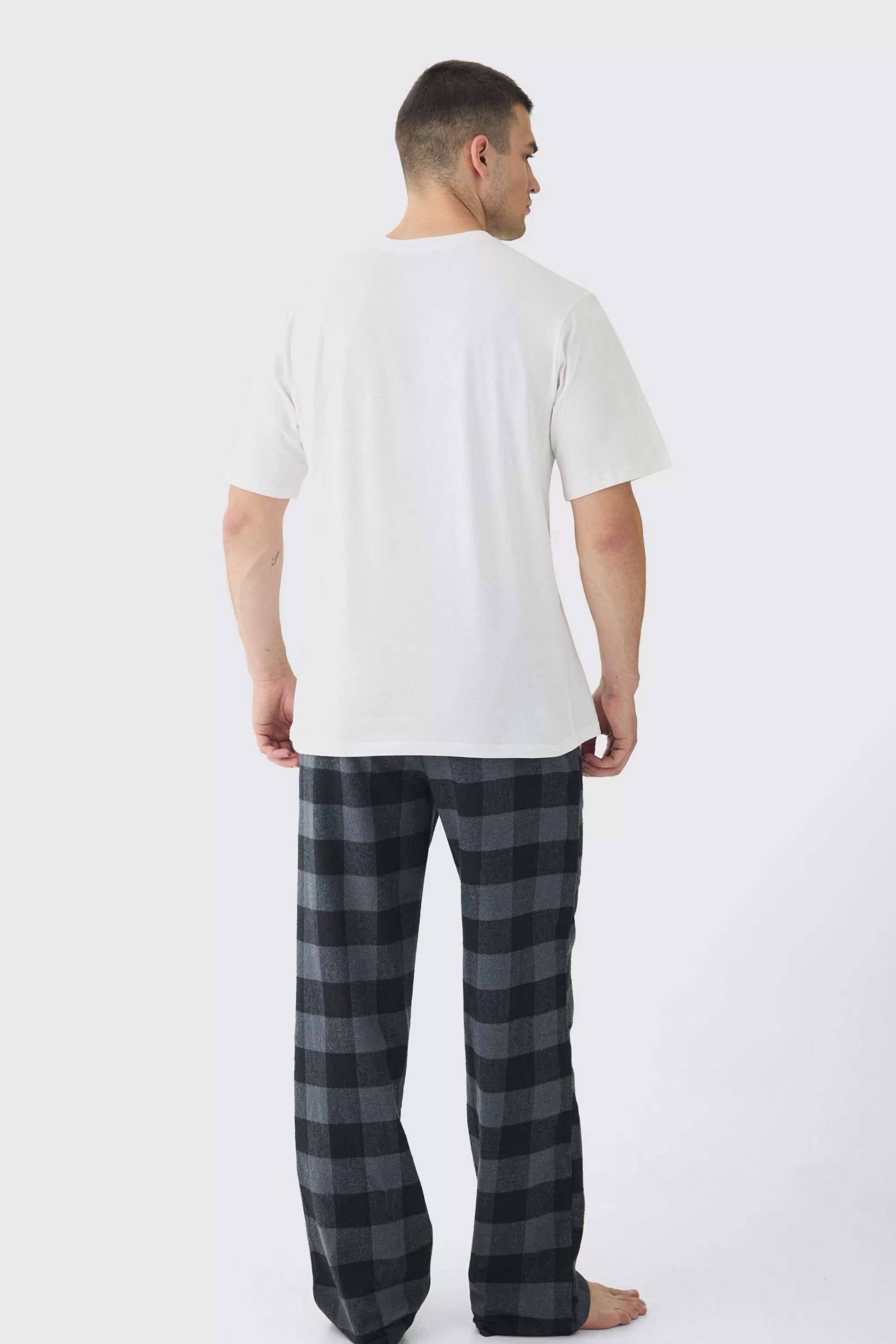 boohooMAN Tall Brushed Check Loungewear Bottom And T-shirt Set In | UK grey Outlet