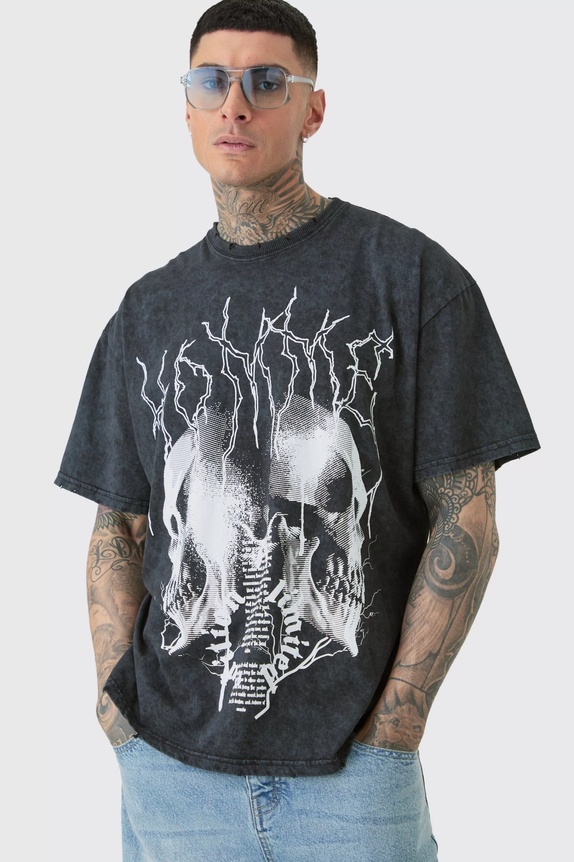 boohooMAN Tall Distressed Oversized Acid Wash Gothic Print T-shirt | UK charcoal Shop
