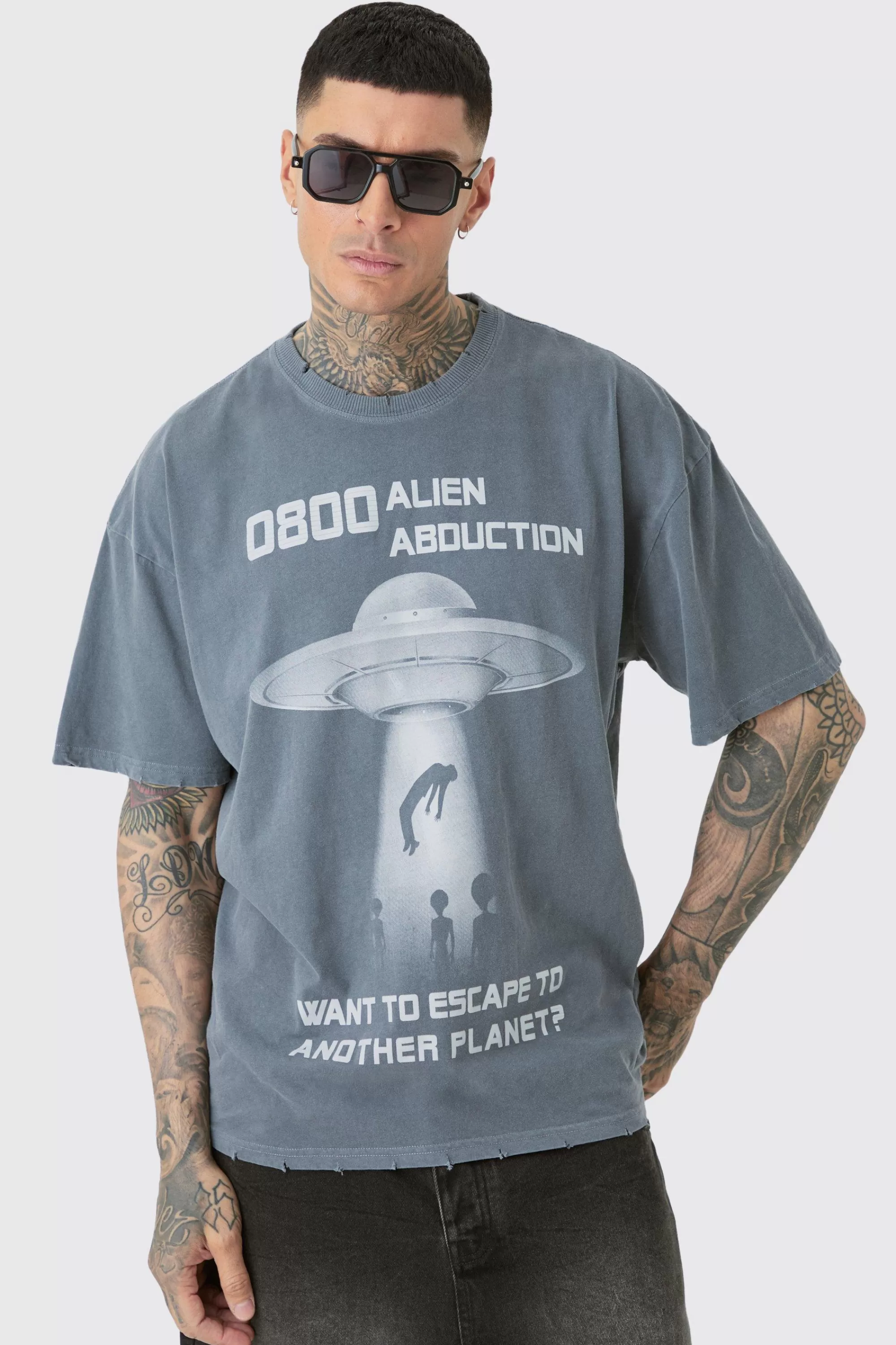 boohooMAN Tall Distressed Oversized Overdye Alien Graphic T-shirt | UK charcoal Shop
