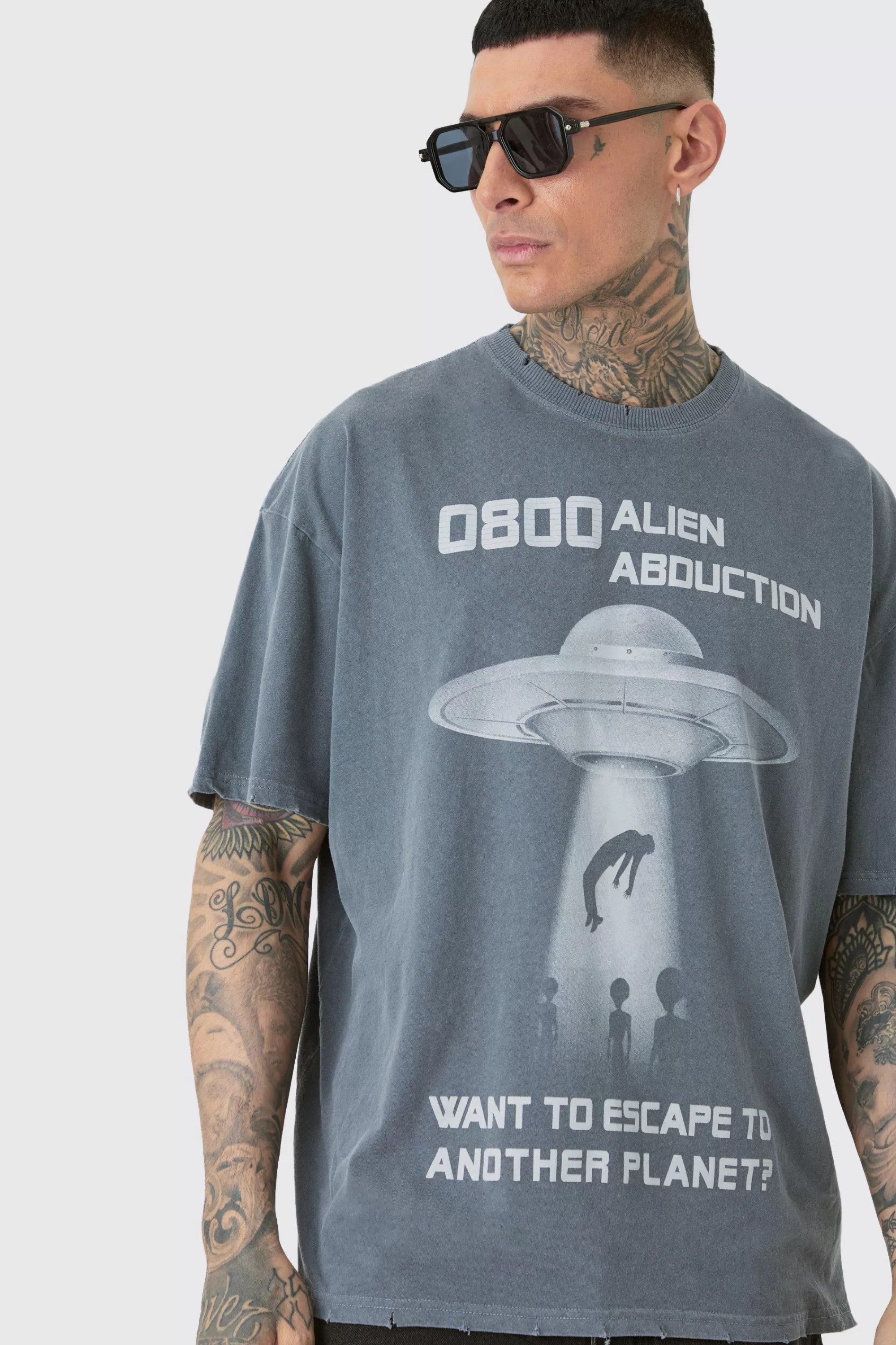 boohooMAN Tall Distressed Oversized Overdye Alien Graphic T-shirt | UK charcoal Shop